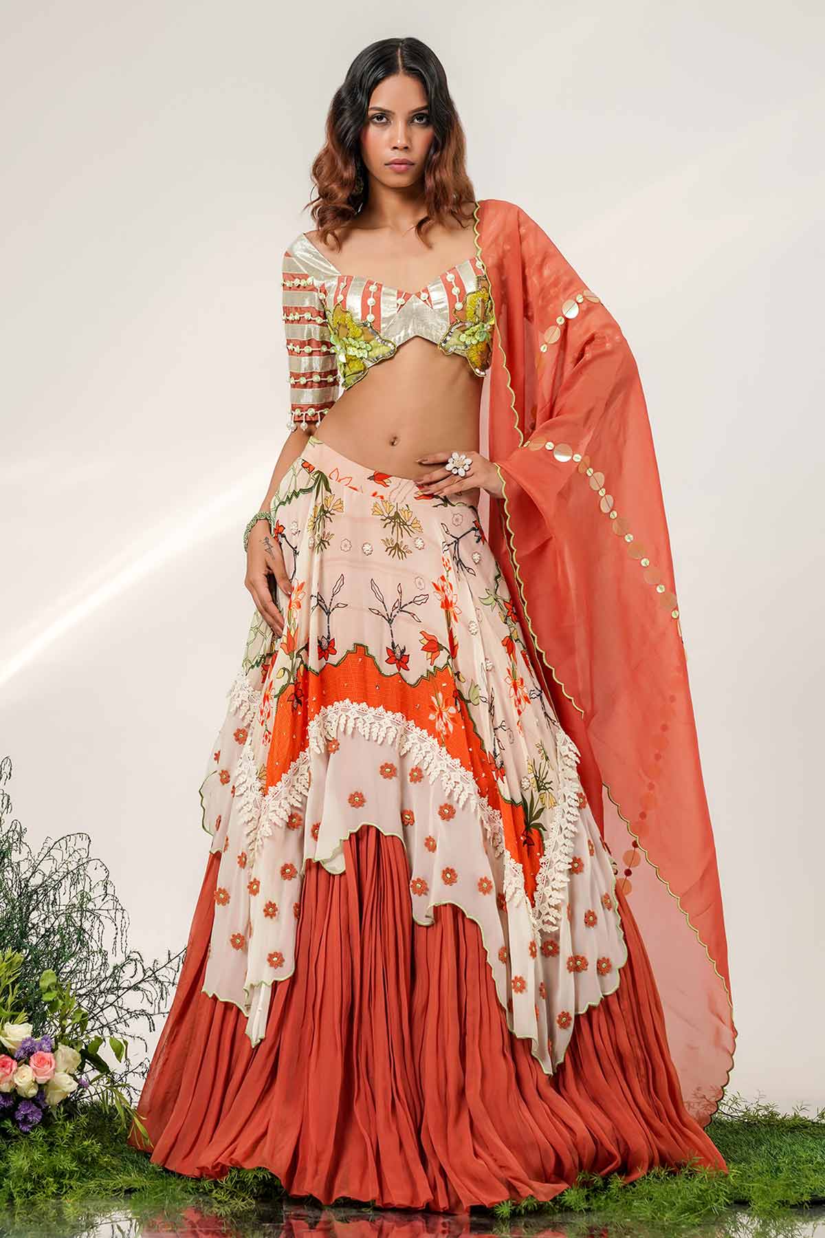 Ivory Rust Layered Lehenga Set
