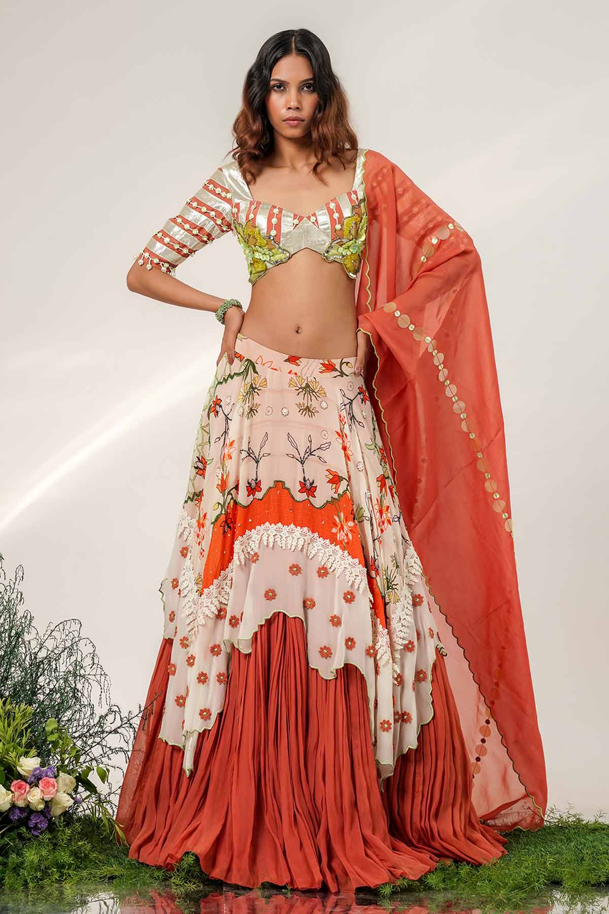 Buy Ivory Rust Layered Lehenga Set for women by Shwetanga online available at scrollnshops