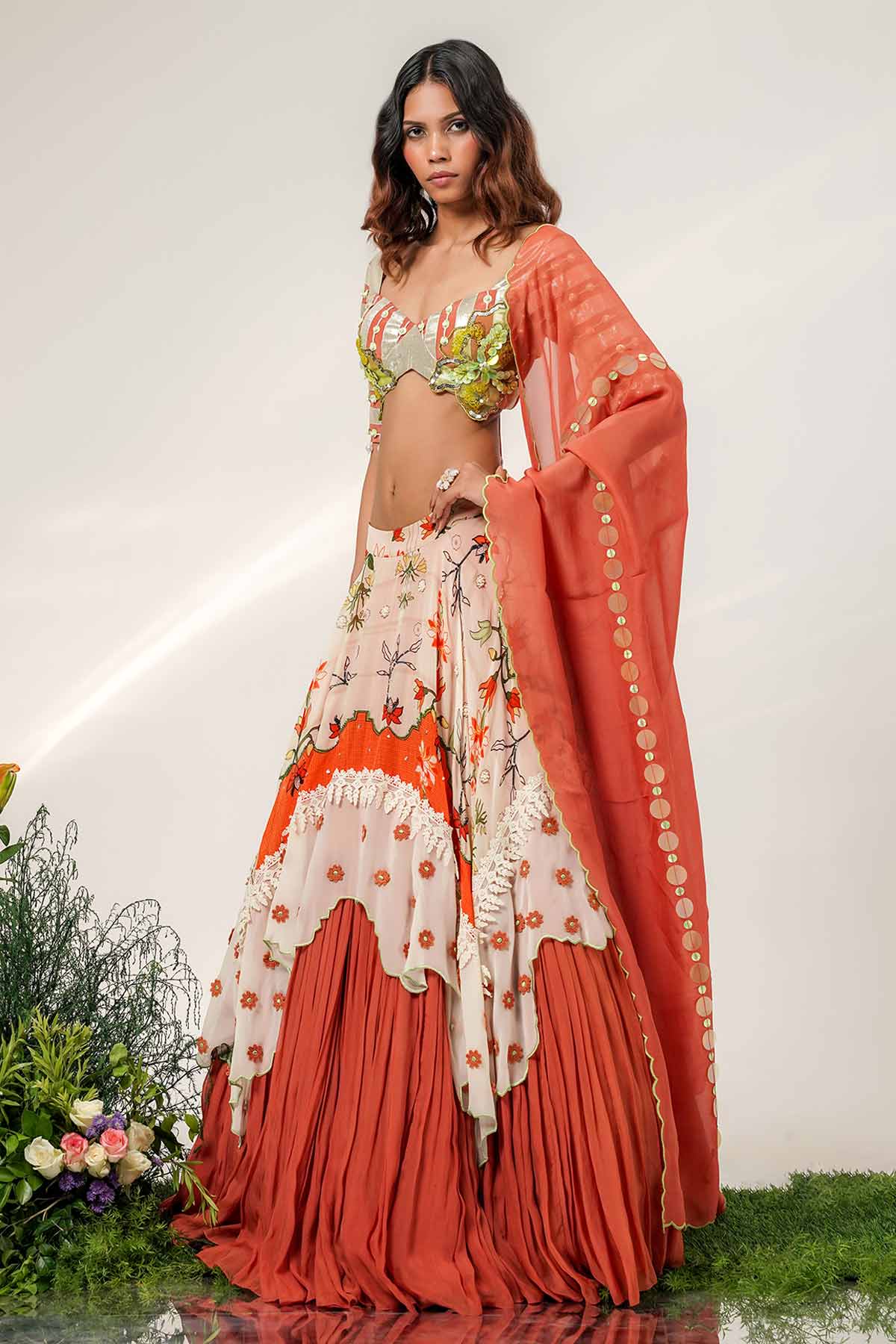 Ivory Rust Layered Lehenga Set