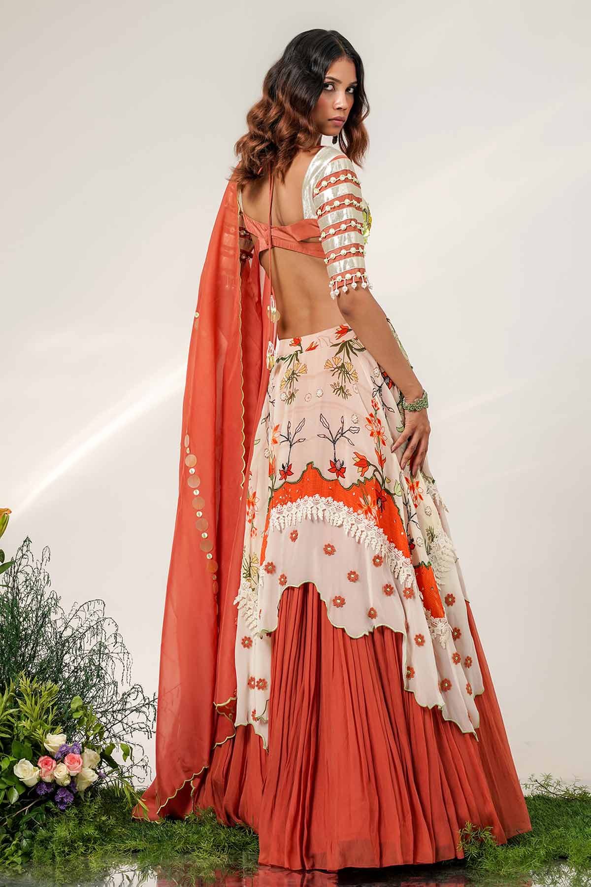 Ivory Rust Layered Lehenga Set