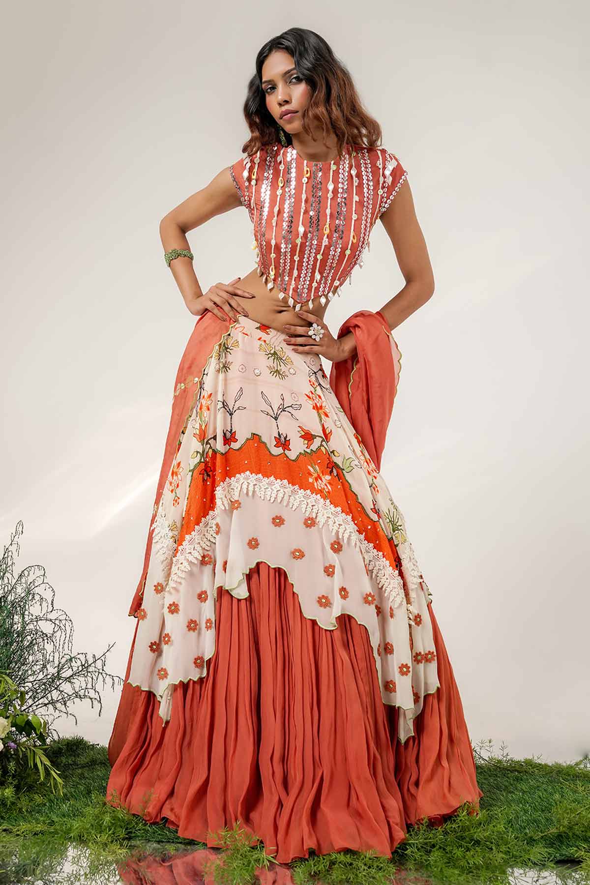 Ivory Rust Organza Lehenga Set