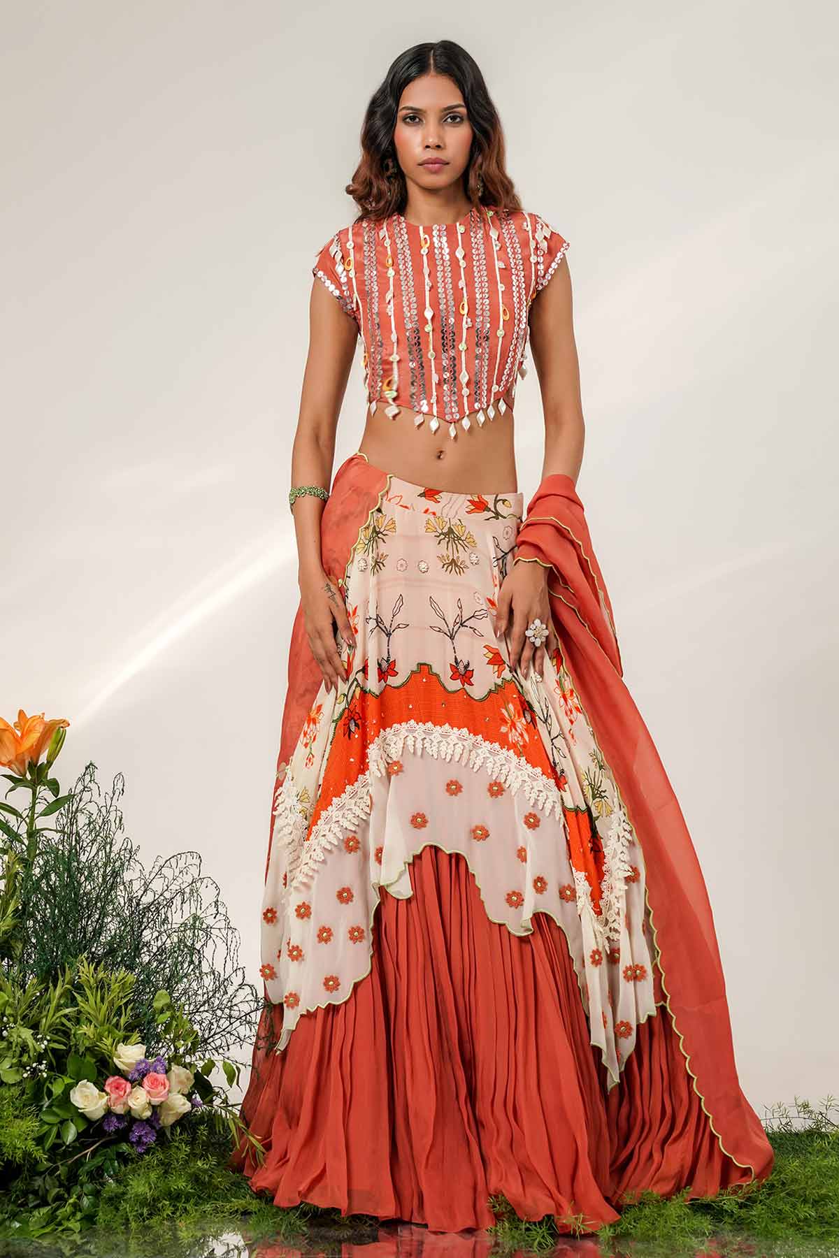 Buy Ivory Rust Organza Lehenga Set for women by Shwetanga online available at scrollnshops