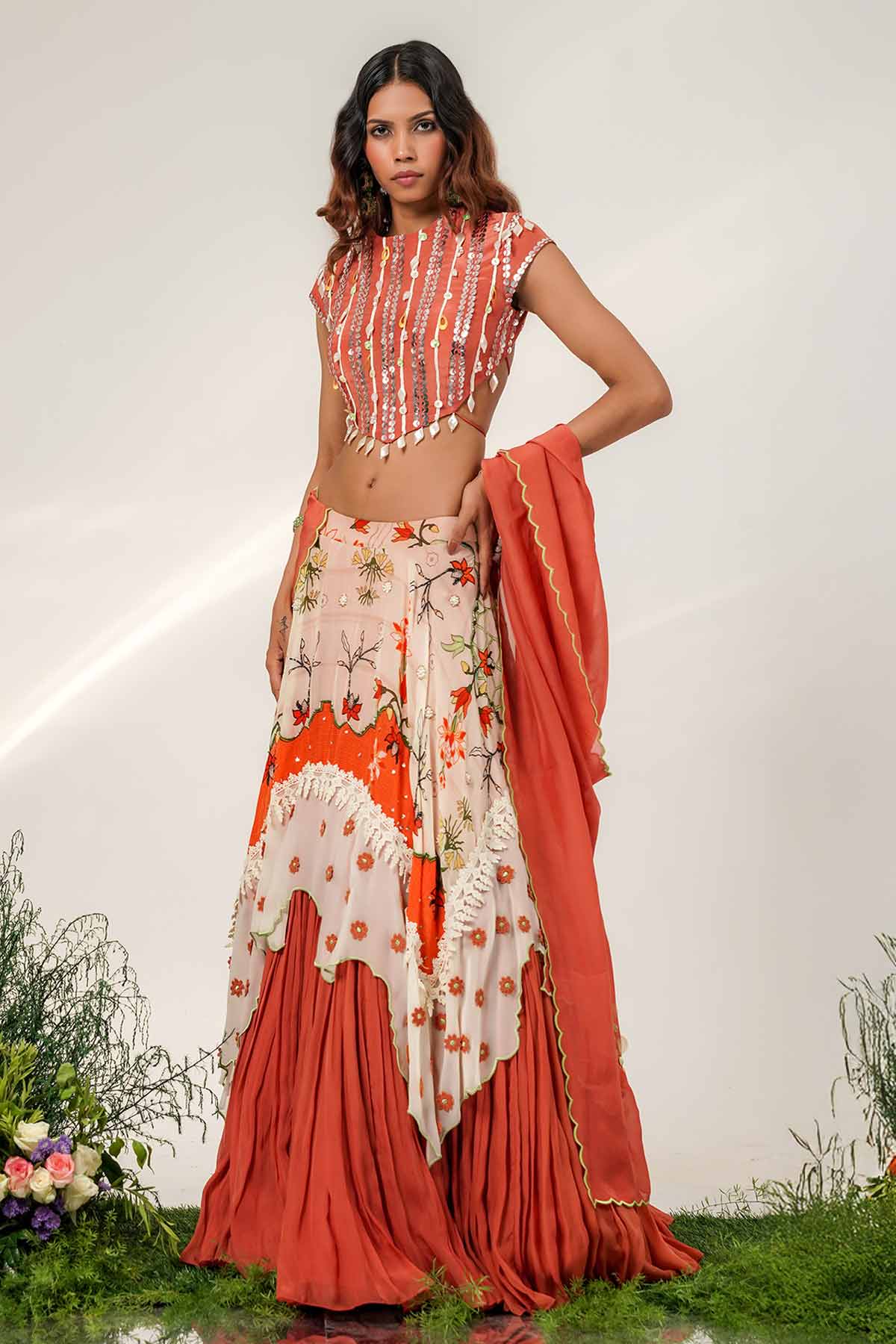 Ivory Rust Organza Lehenga Set