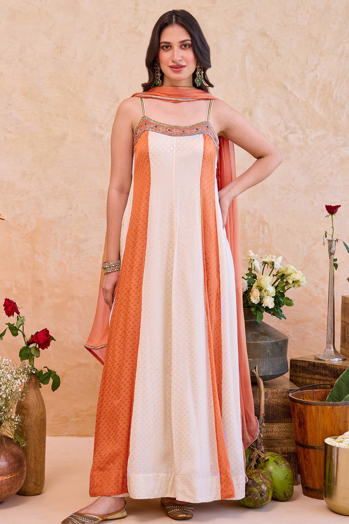 Buy Ivory & Rust Silk Anarkali Set for women by Taro India online available at scrollnshops