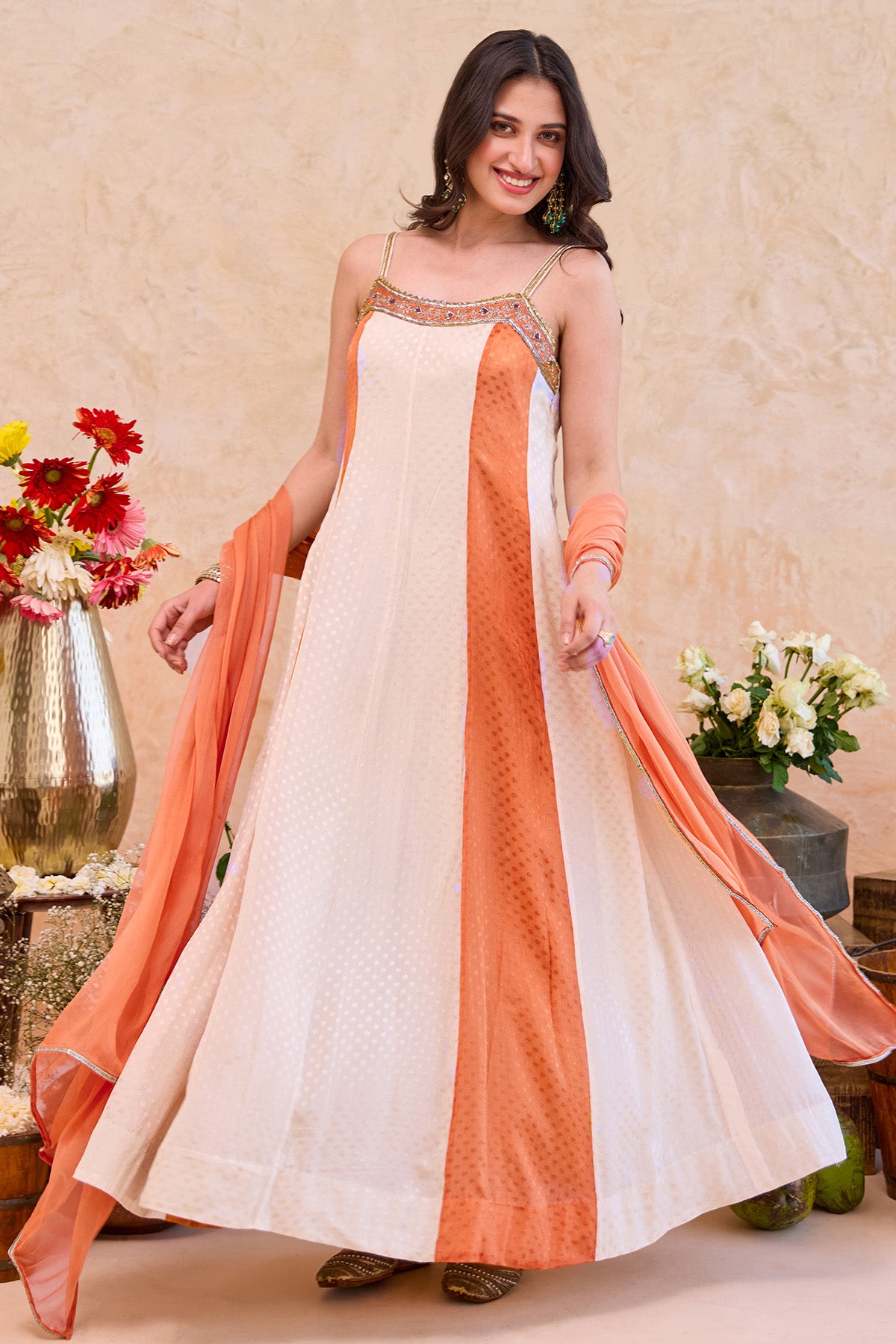 Ivory & Rust Silk Anarkali Set
