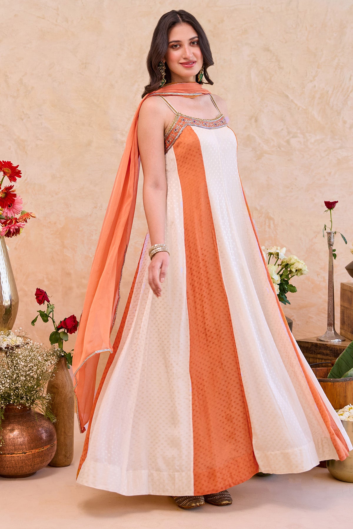 Ivory & Rust Silk Anarkali Set