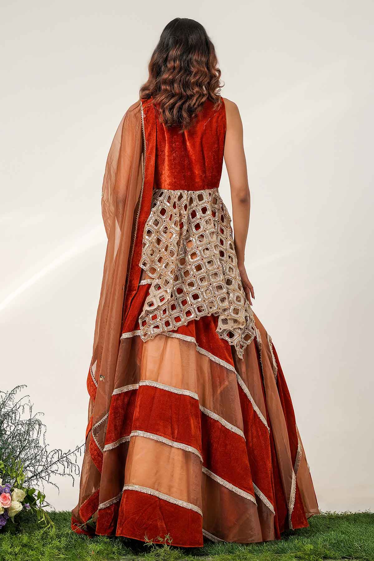 Ivory Rust Striped Lehenga Set