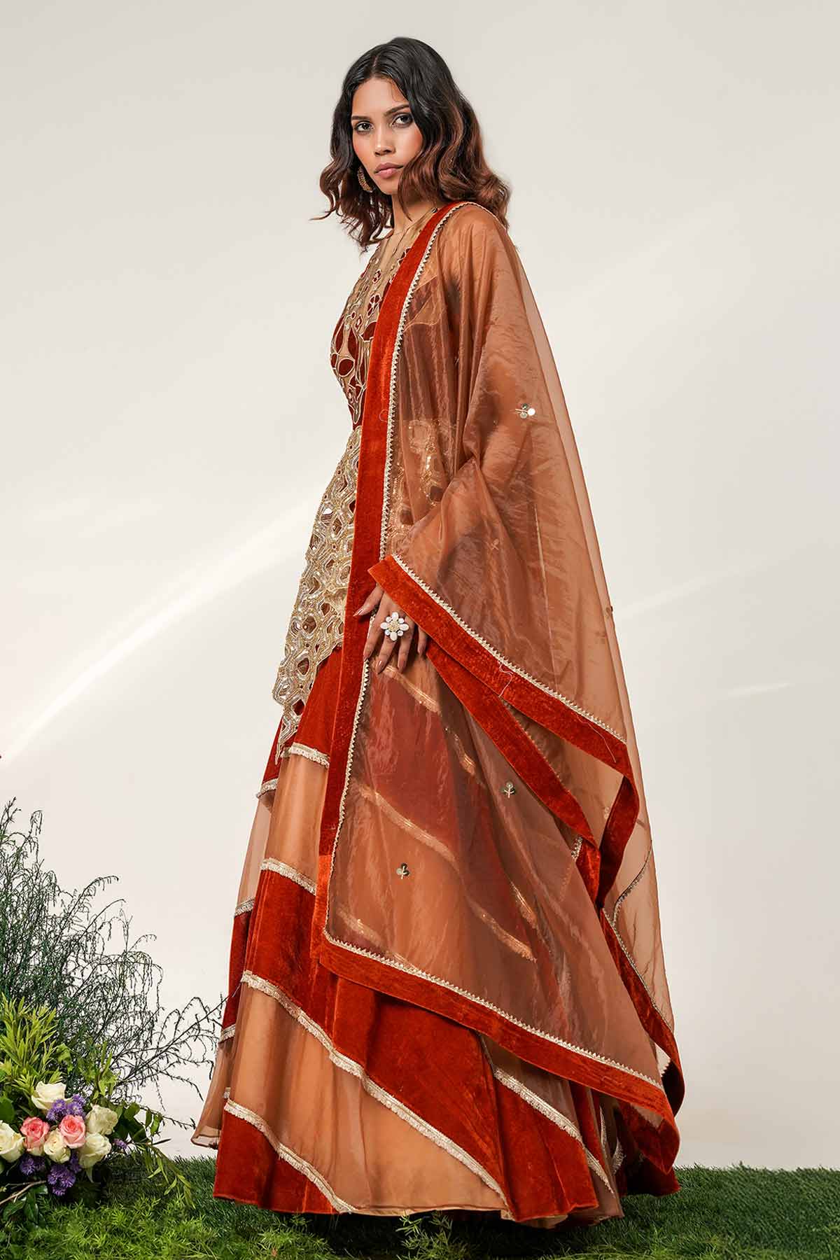 Ivory Rust Striped Lehenga Set