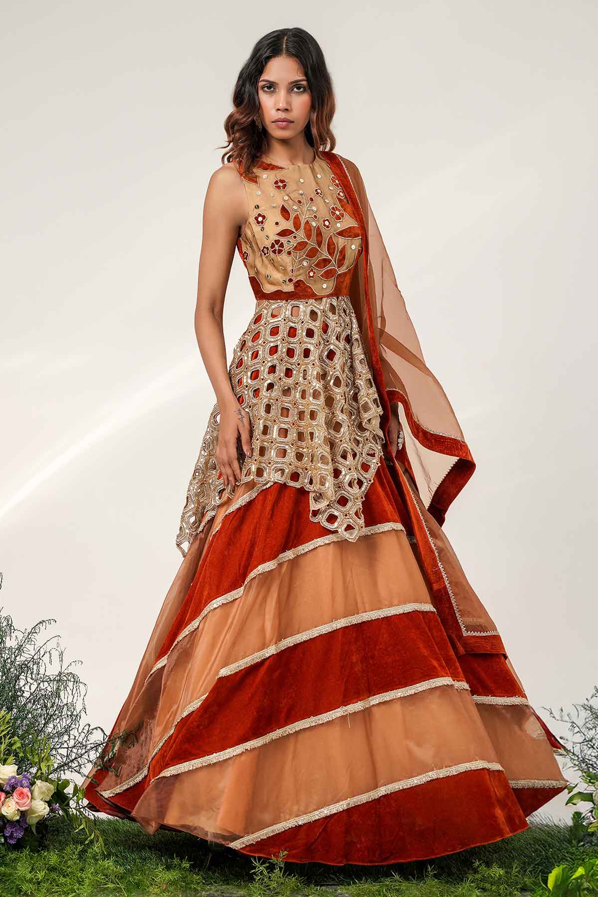 Buy Ivory Rust Striped Lehenga Set for women by Shwetanga online available at scrollnshops