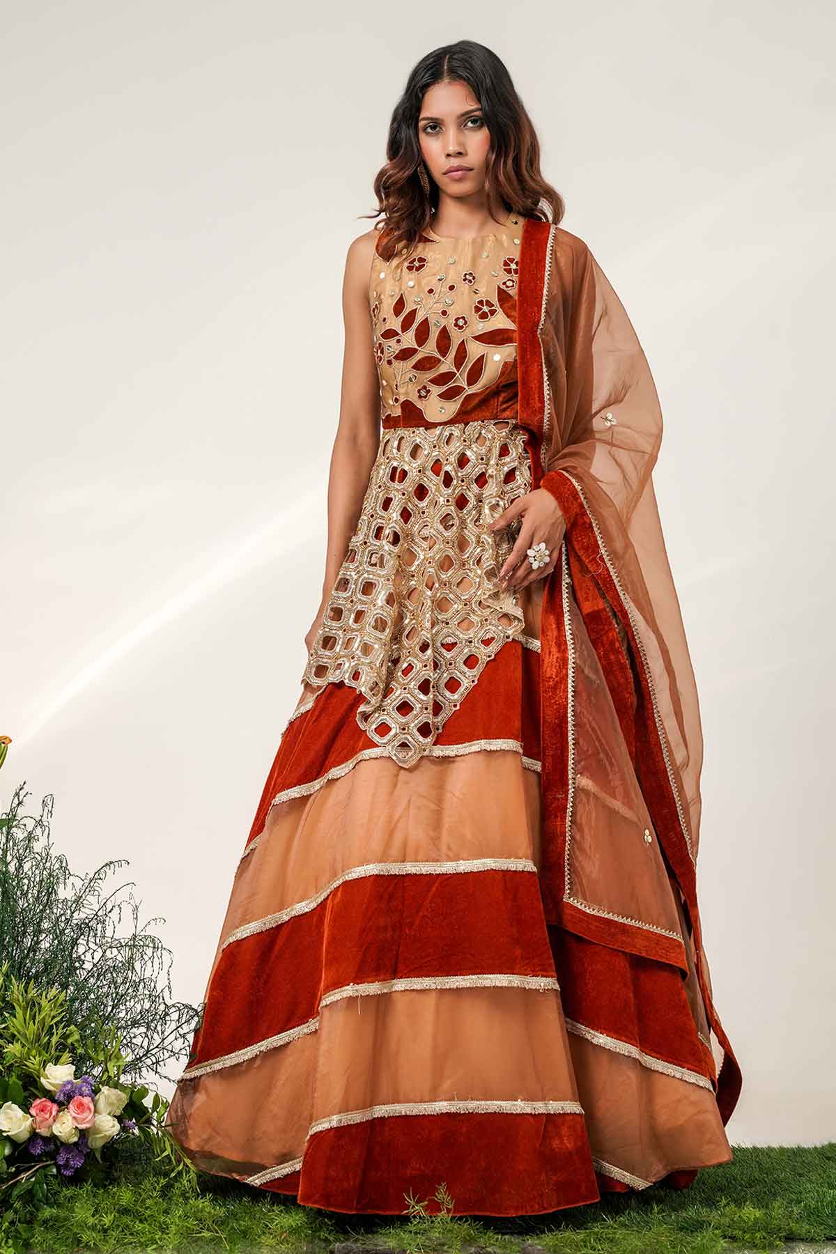 Ivory Rust Striped Lehenga Set