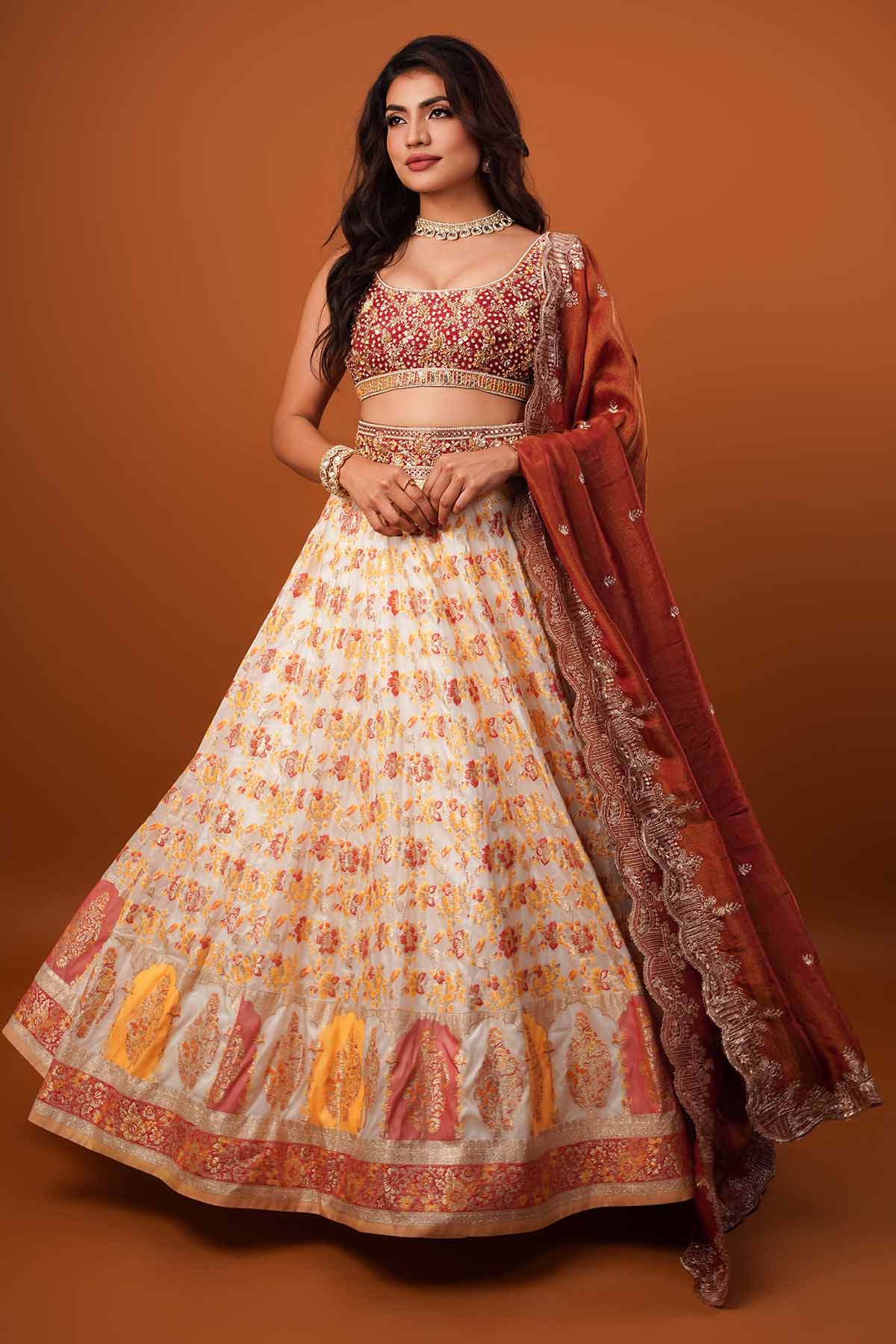 Buy Ivory & Rust Zardosi Lehenga Set Online