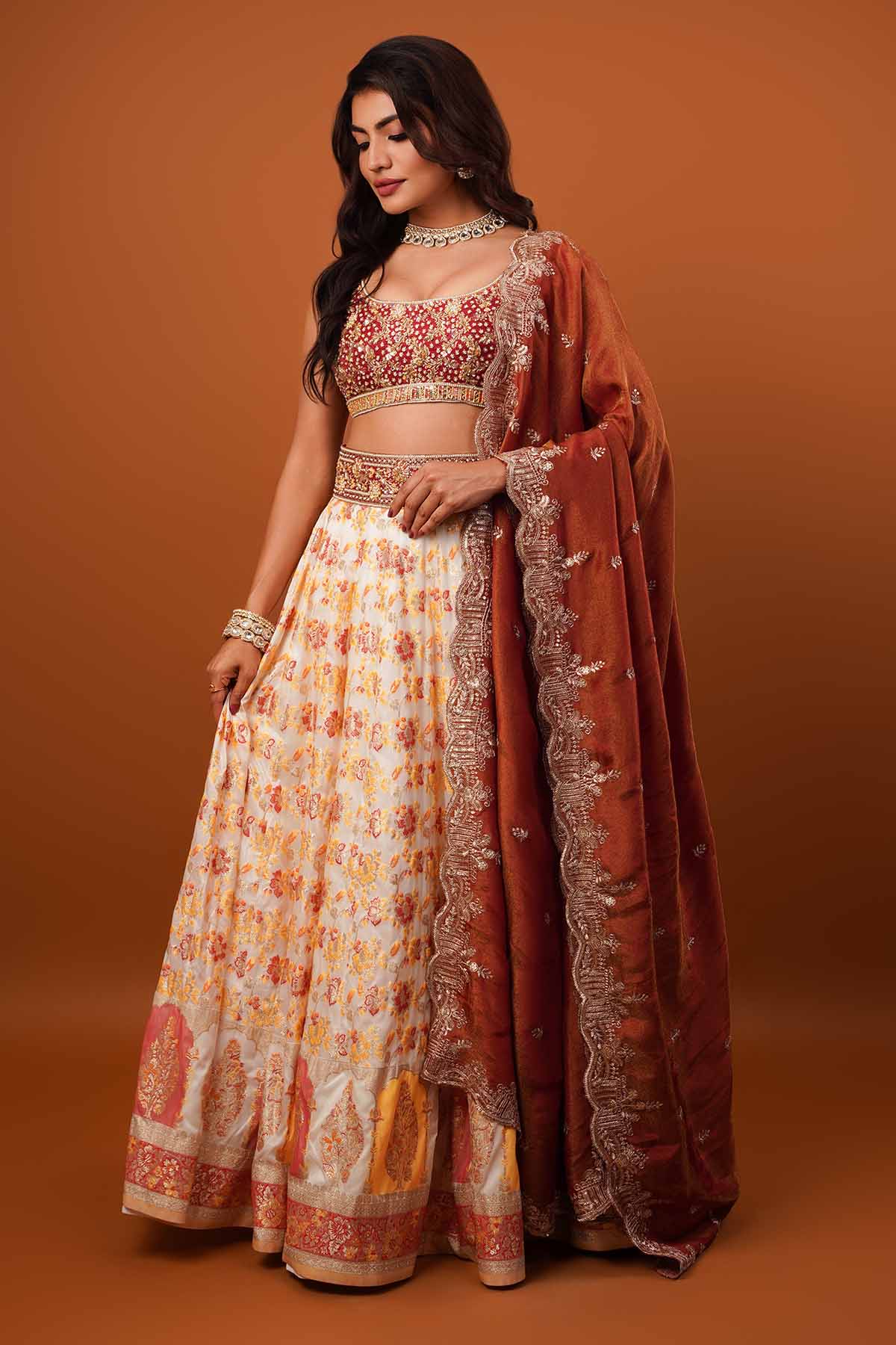 Ajay & Priyanka Ivory & Rust Zardosi Lehenga Set for women online at ScrollnShops