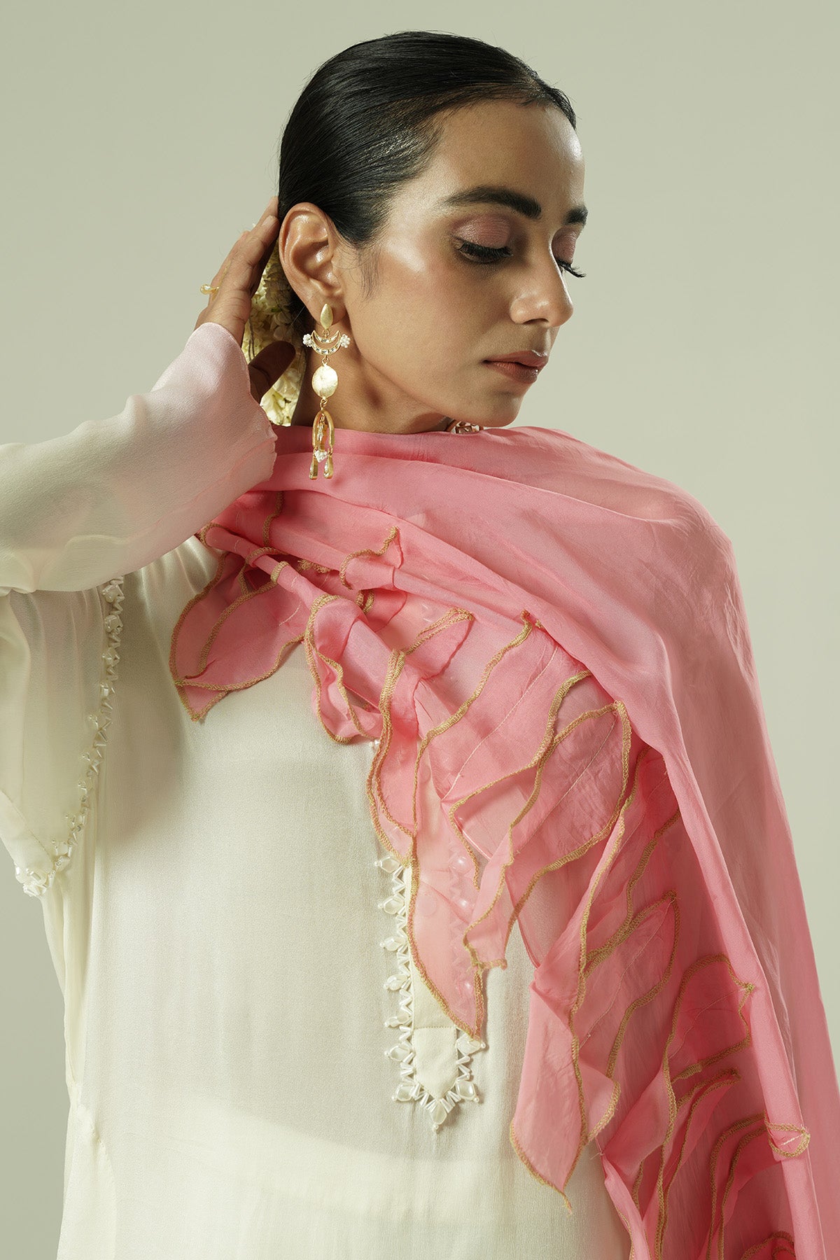 Ivory Satin Beadwork Kurta Set