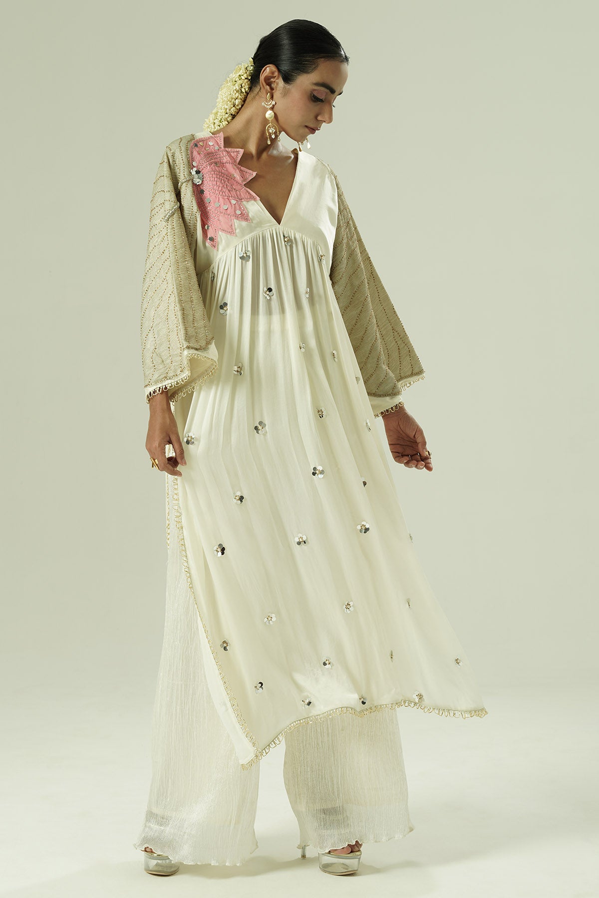 Ivory Satin Gathered Kurta Set