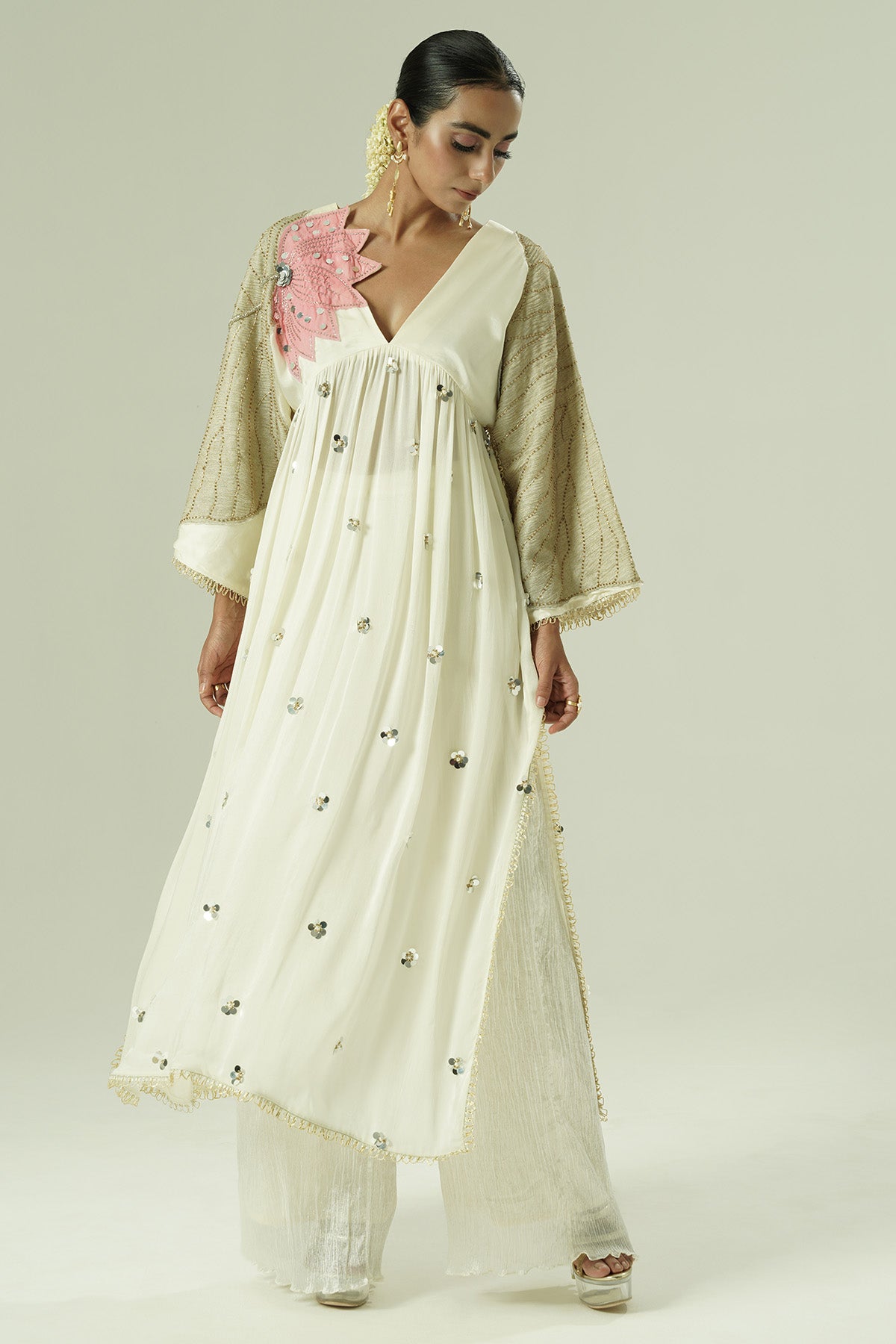 Ivory Satin Gathered Kurta Set