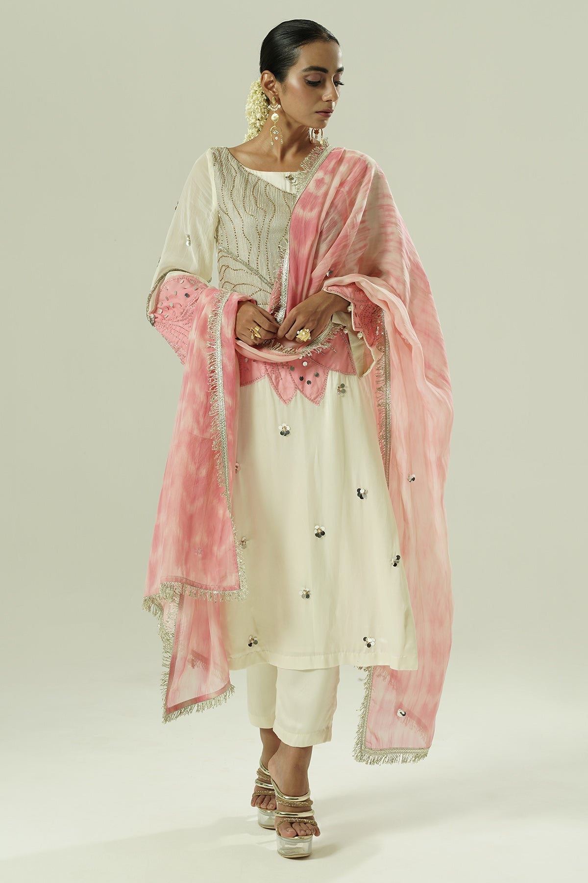 Buy Ivory Satin Patchwork Kurta Set for women by Shwetanga Designer online available at scrollnshops