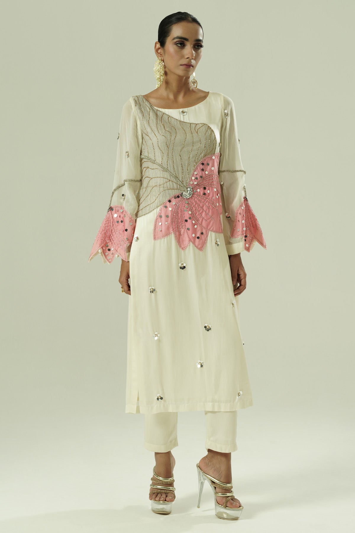 Ivory Satin Patchwork Kurta Set