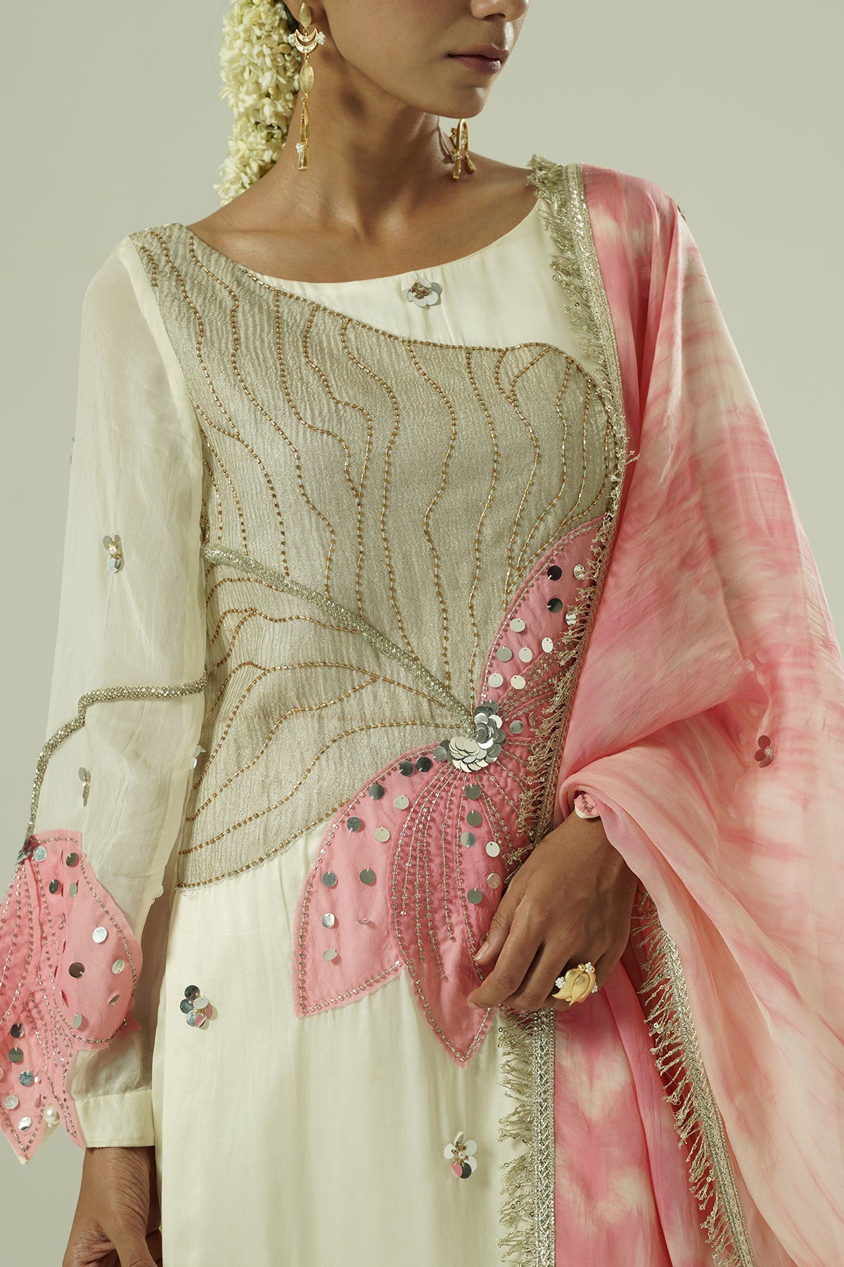 Ivory Satin Patchwork Kurta Set