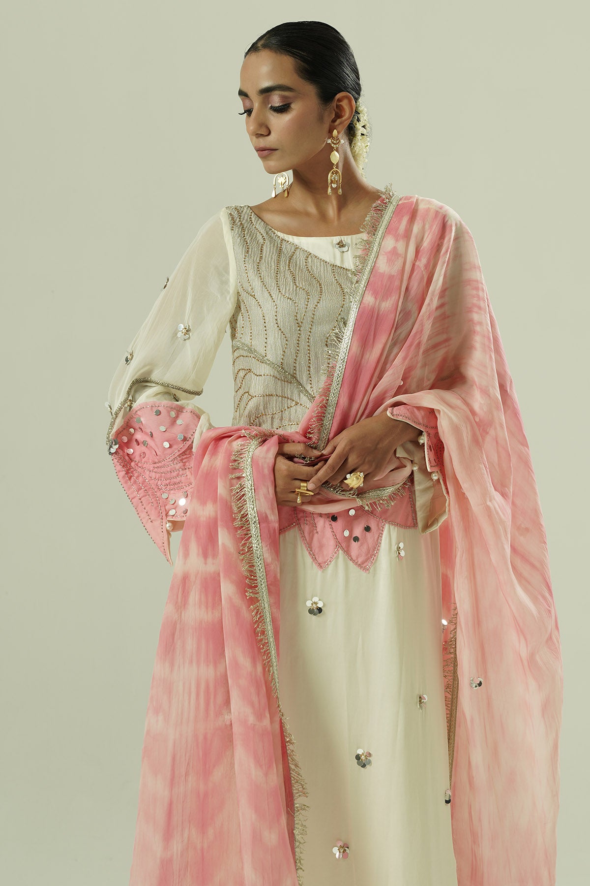 Ivory Satin Patchwork Kurta Set