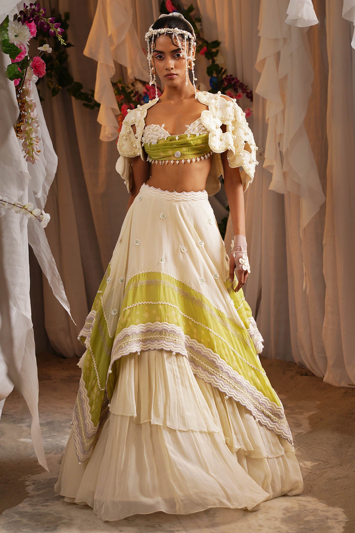 Ivory Scarf Tiered Lehenga Set