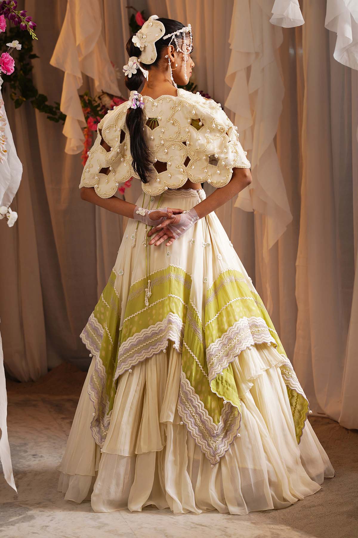 Ivory Scarf Tiered Lehenga Set