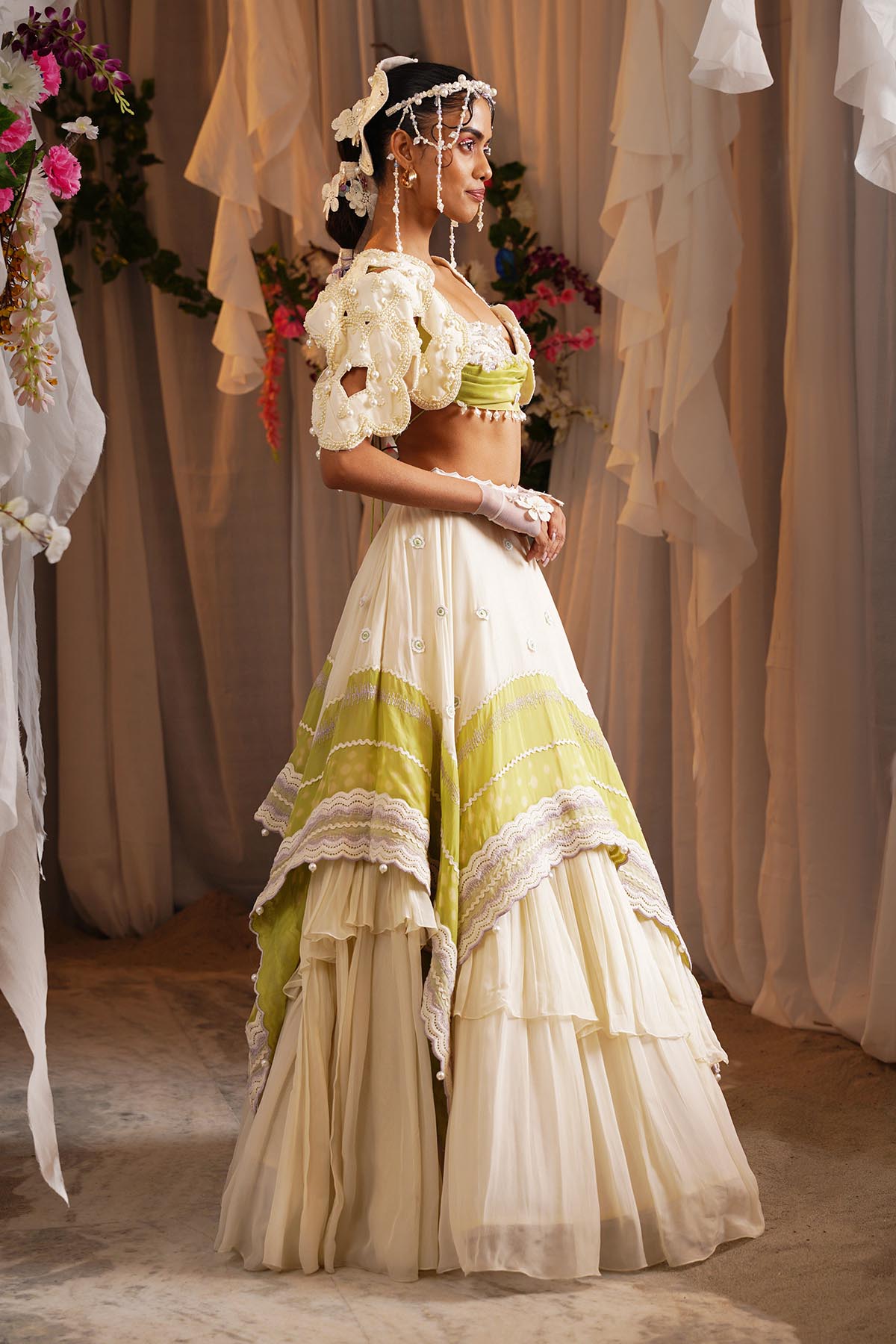 Ivory Scarf Tiered Lehenga Set