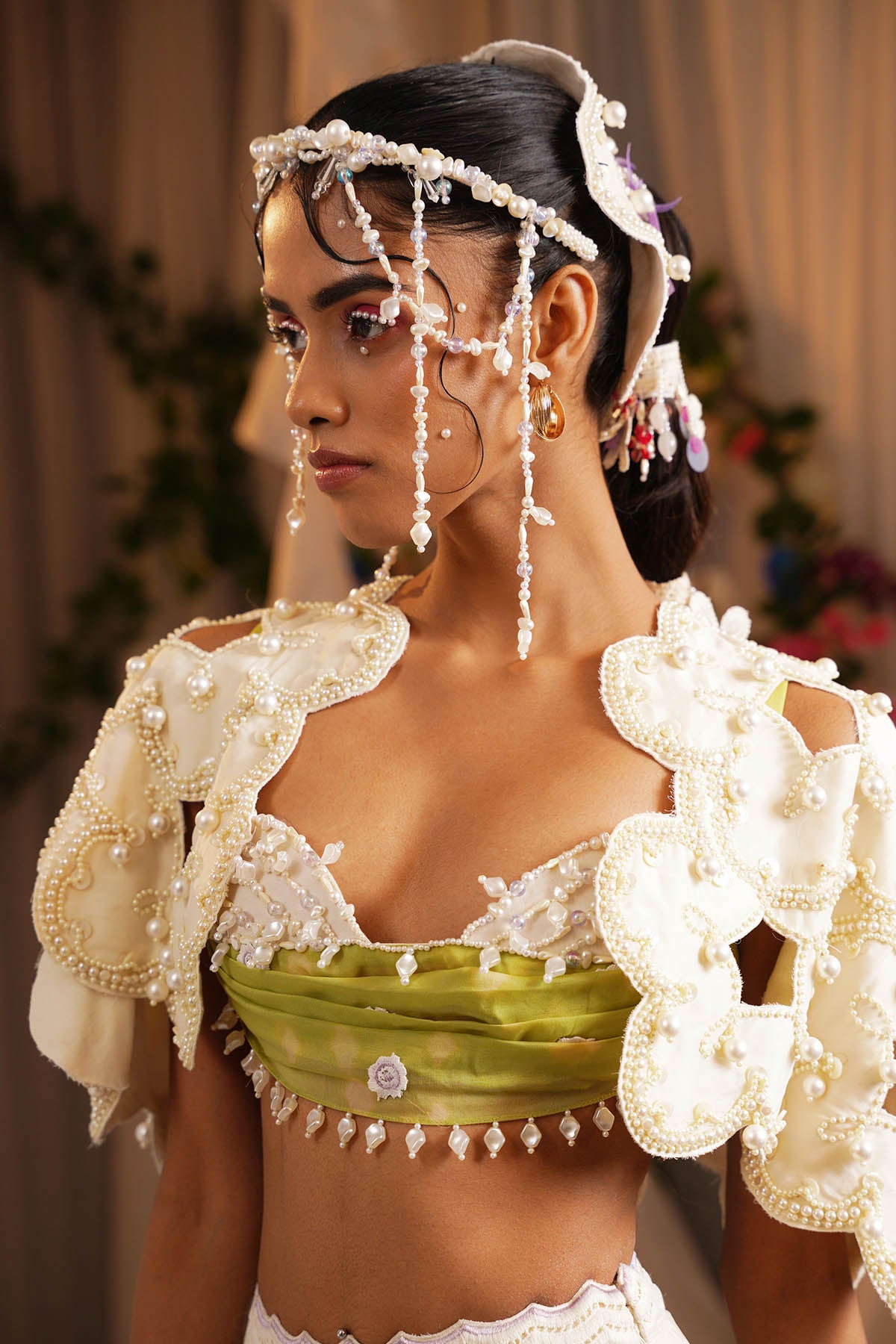 Ivory Scarf Tiered Lehenga Set