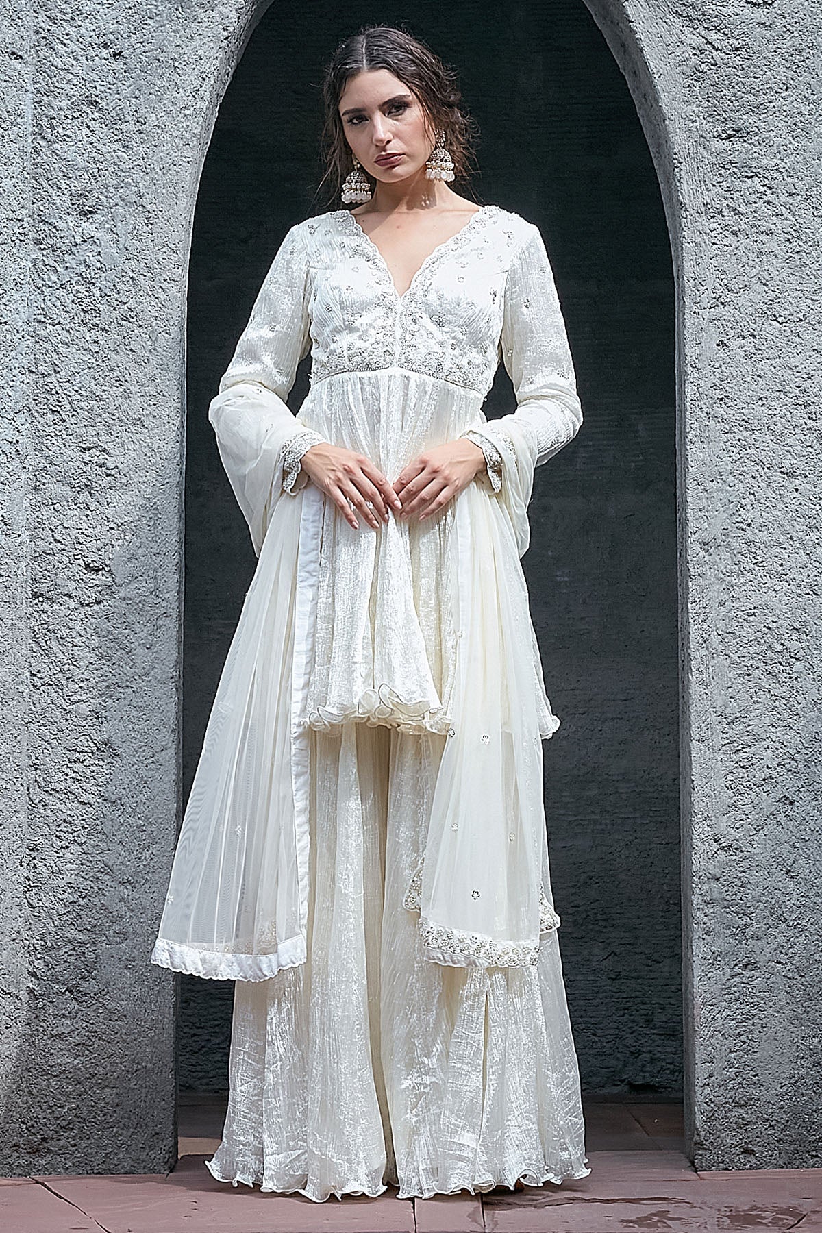 Buy Ivory Sequins & Pearl Kurta Set for women by Priyanka Jain online available at scrollnshops