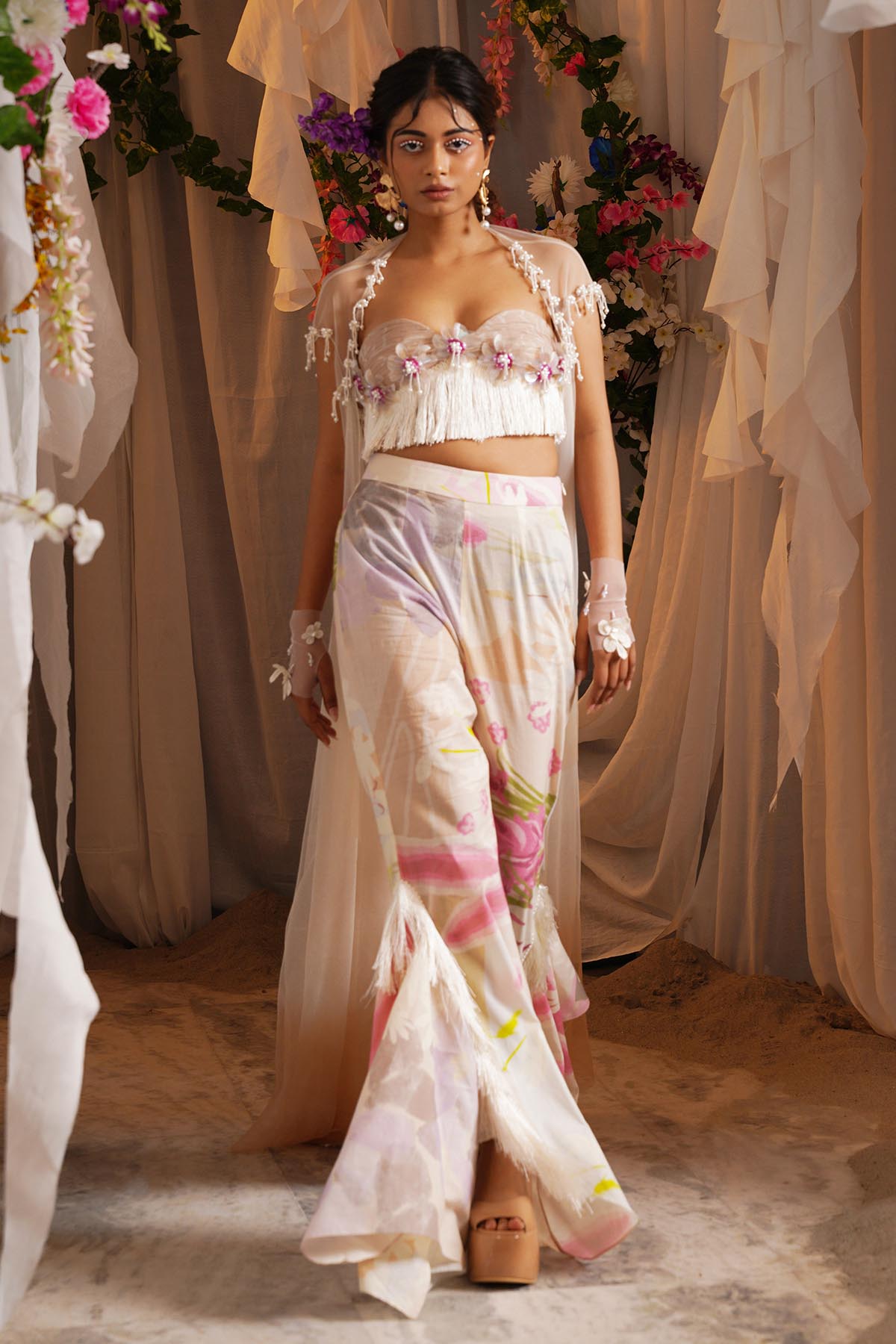 Ivory Sequins Work Cape Set