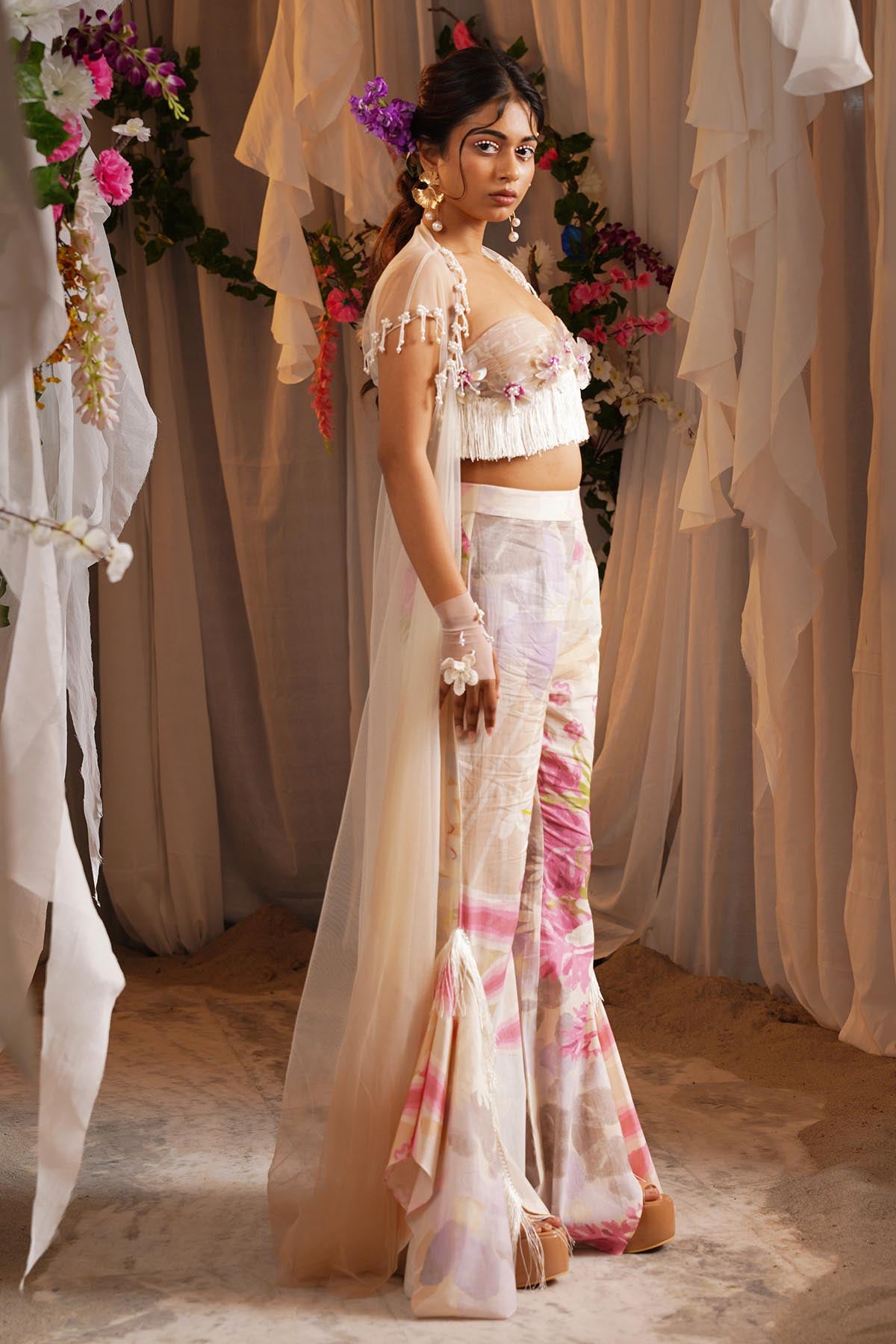 Ivory Sequins Work Cape Set