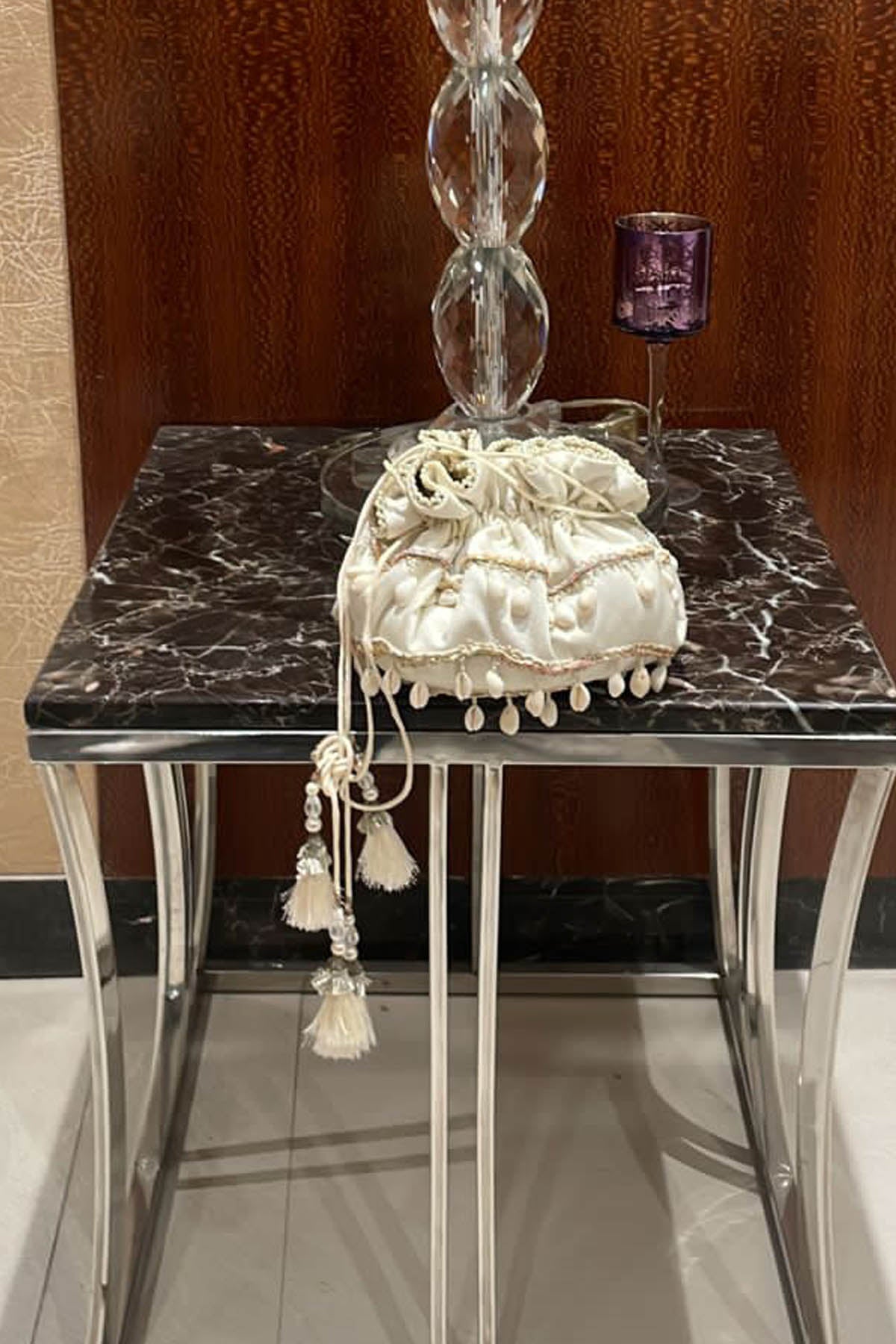 Ajiesh Oberoi Ivory Silk Embroidered Potli Accessories online at ScrollnShops