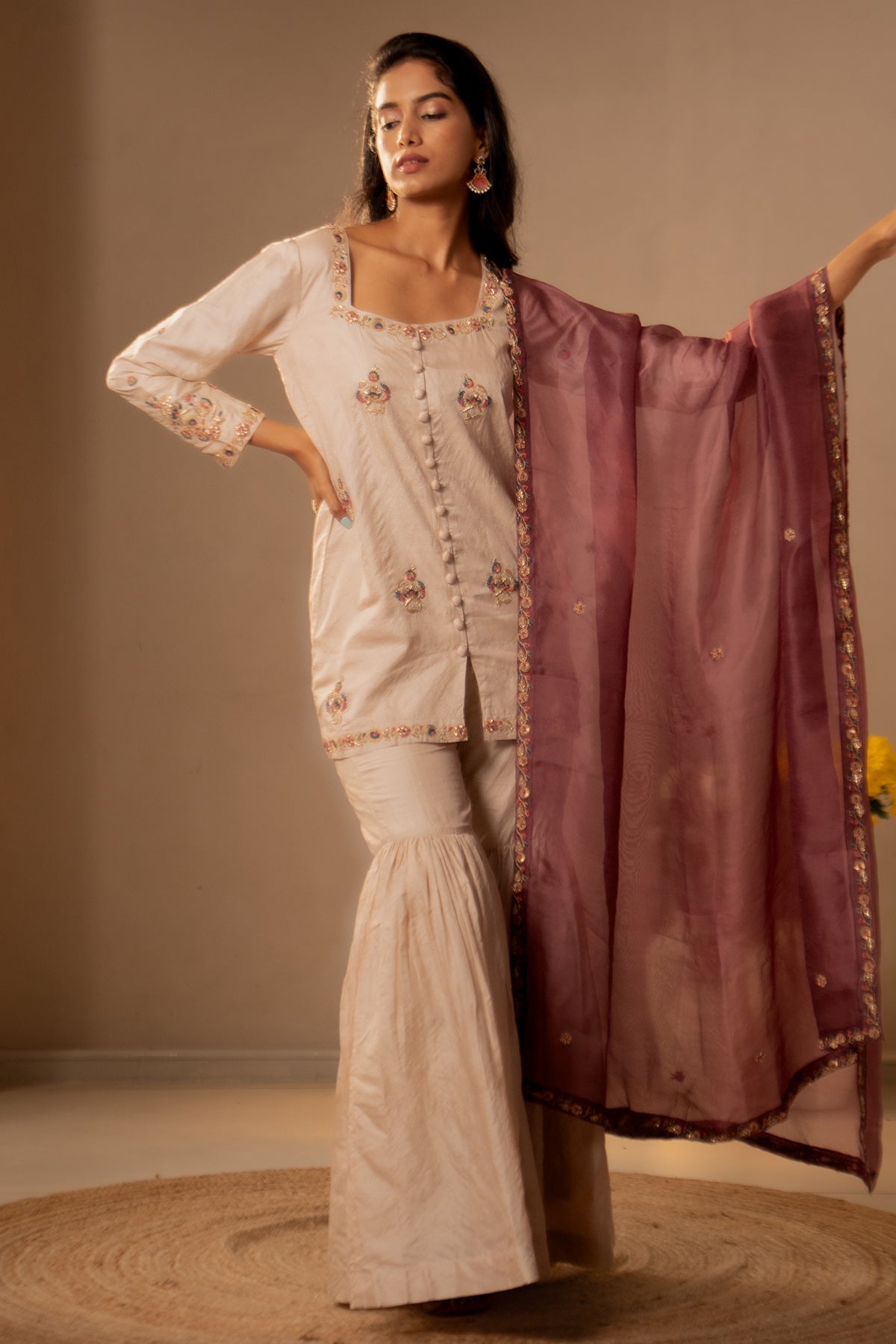 Buy Ivory Silk Embroidery Kurta Set for women by Aavya online available at scrollnshops