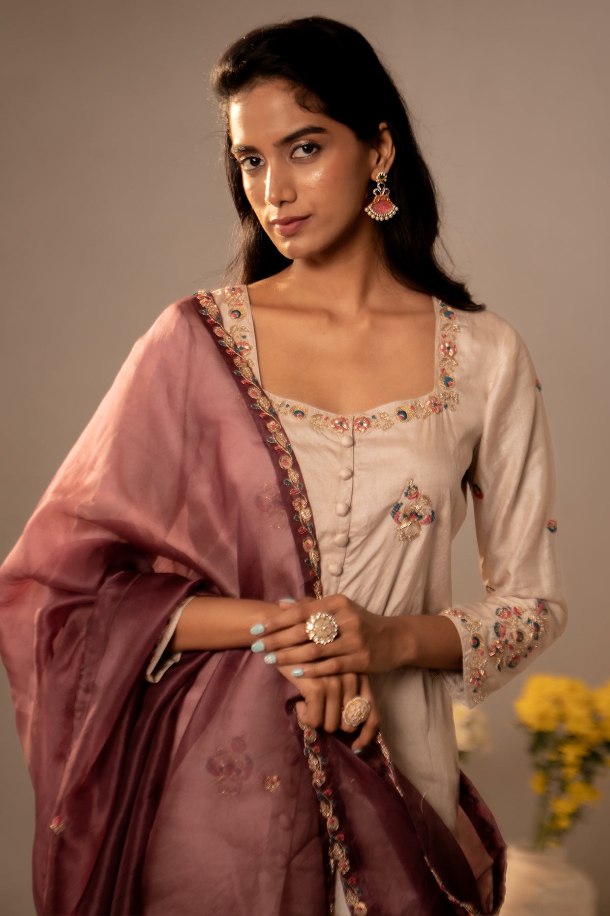 Ivory Silk Embroidery Kurta Set