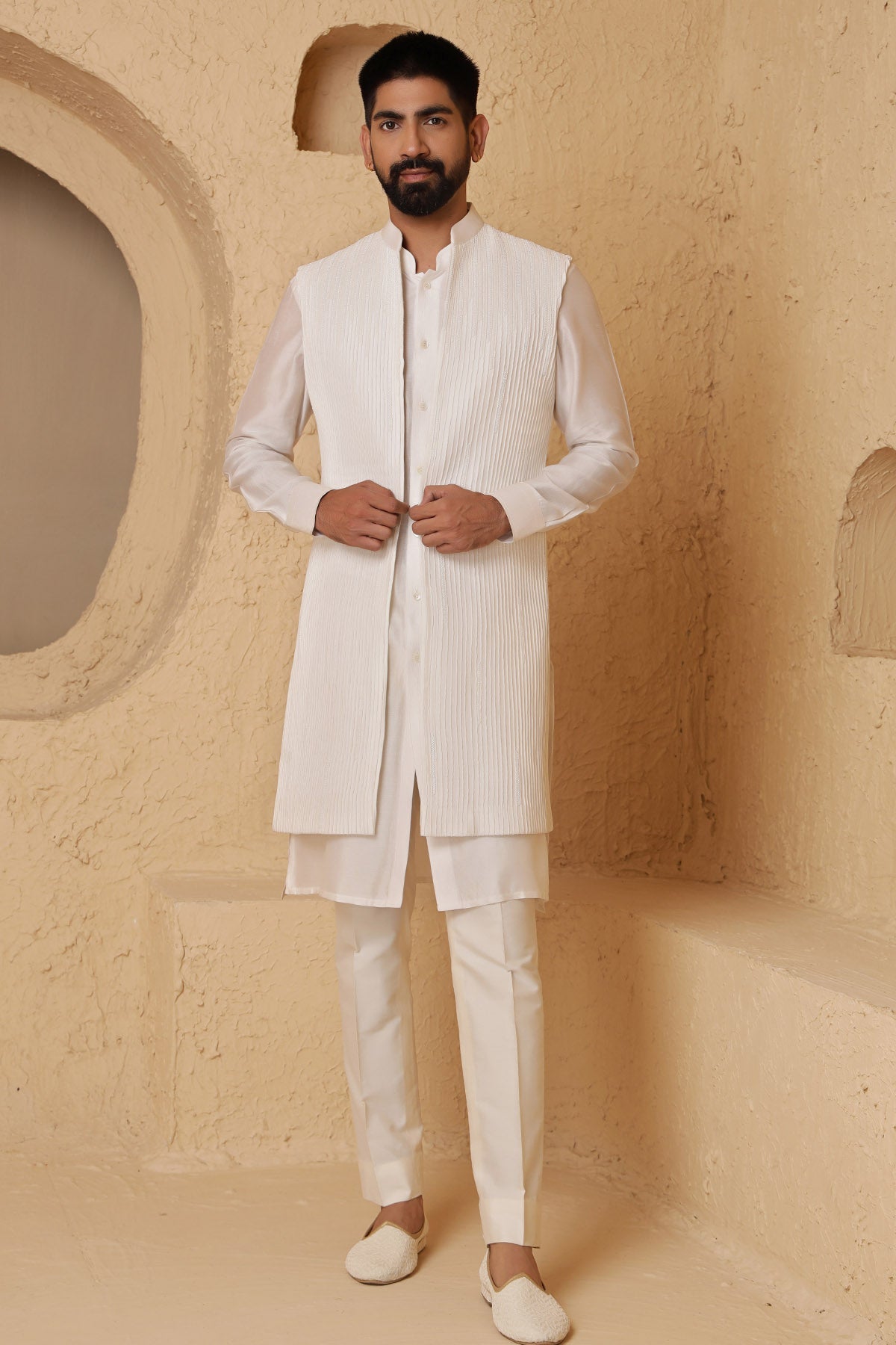 Buy Ivory Silk Jacket Kurta & Pants for Men by Designer Harshita Dhanawat available online at ScrollnShops