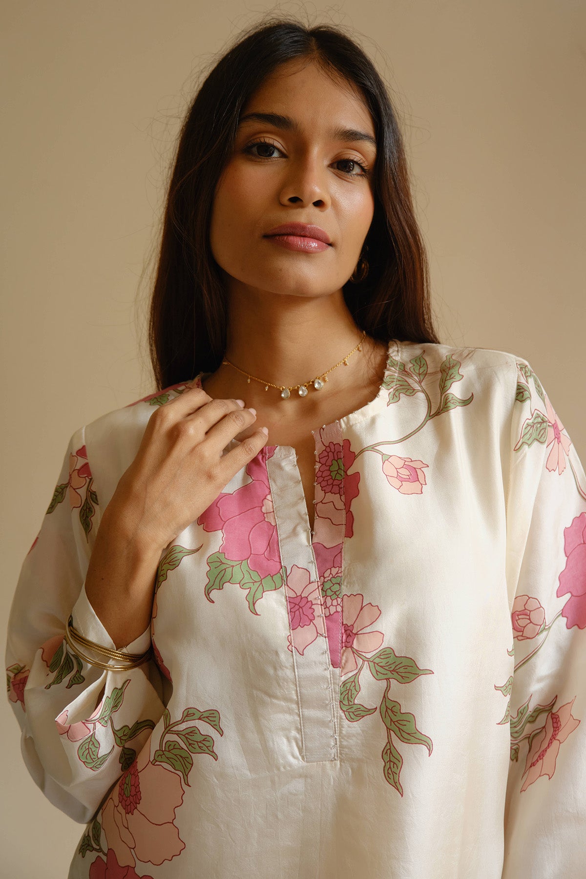 Ivory Silk Printed Kurta Set