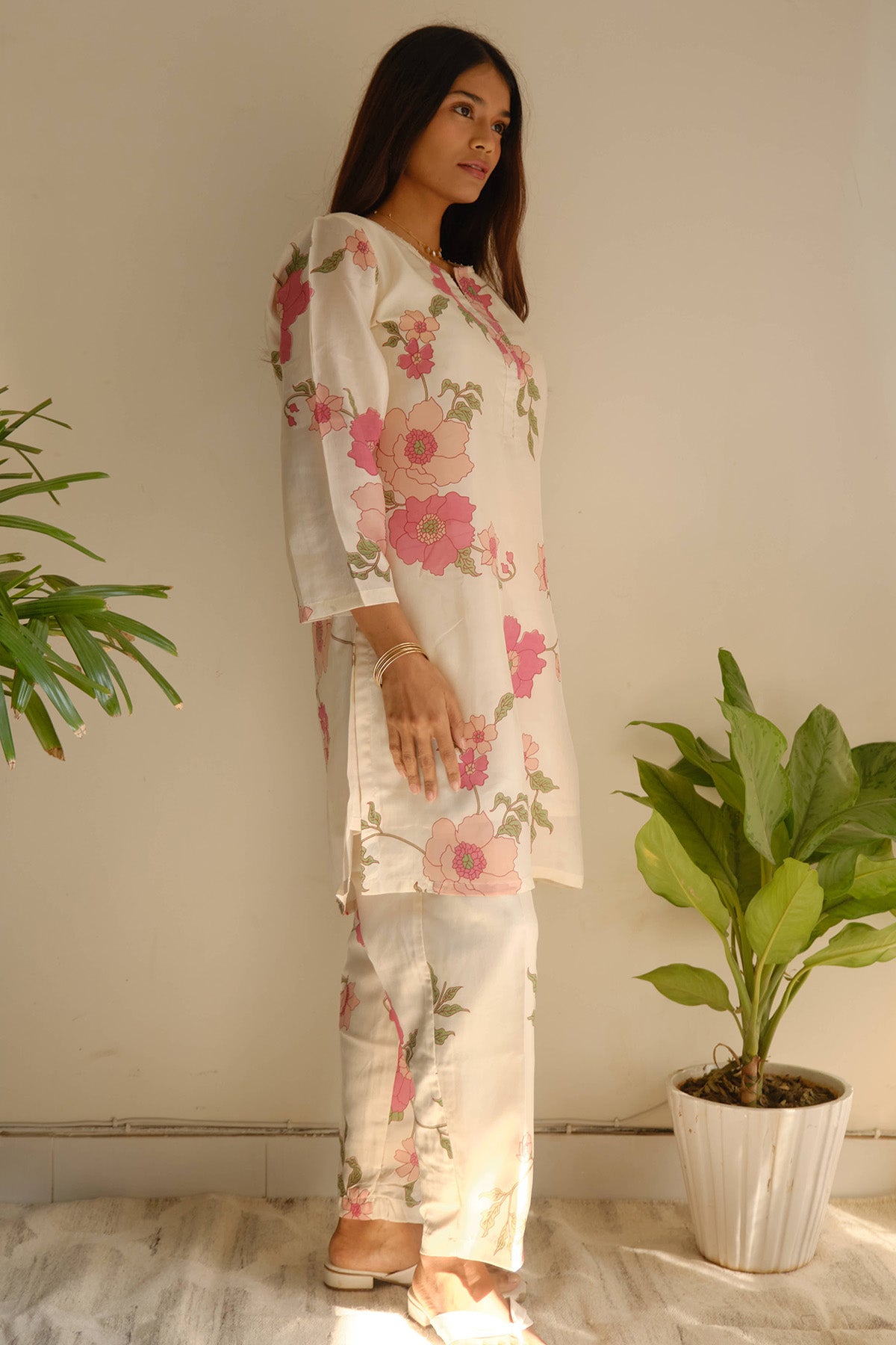 Ivory Silk Printed Kurta Set