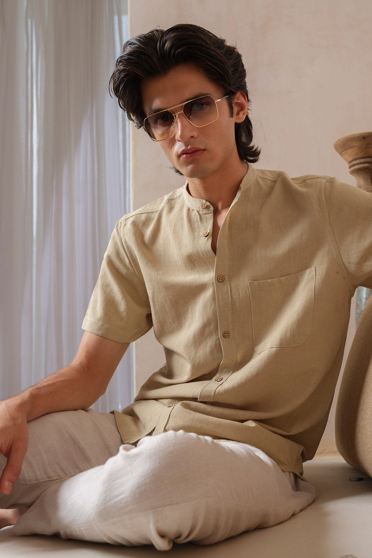 Ivory Stand Collar Plain Shirt