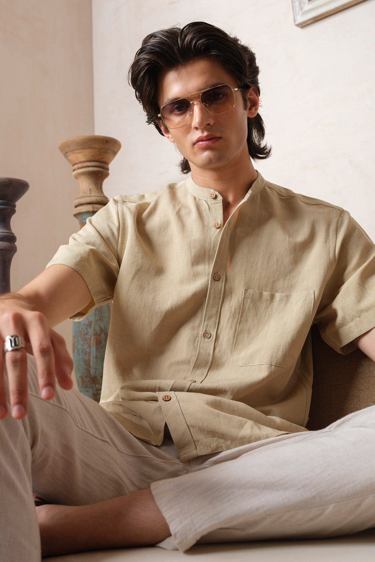 Ivory Stand Collar Plain Shirt