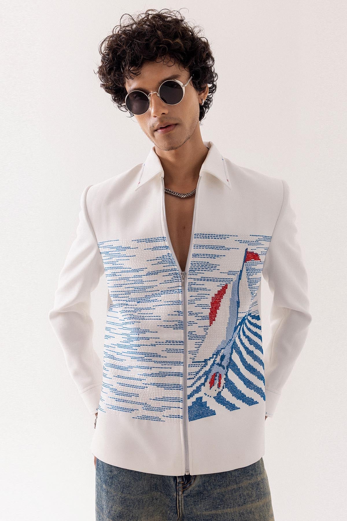 Buy Ivory Strechable Bomber Jacket for men by Paarsh Atelier online available at scrollnshops