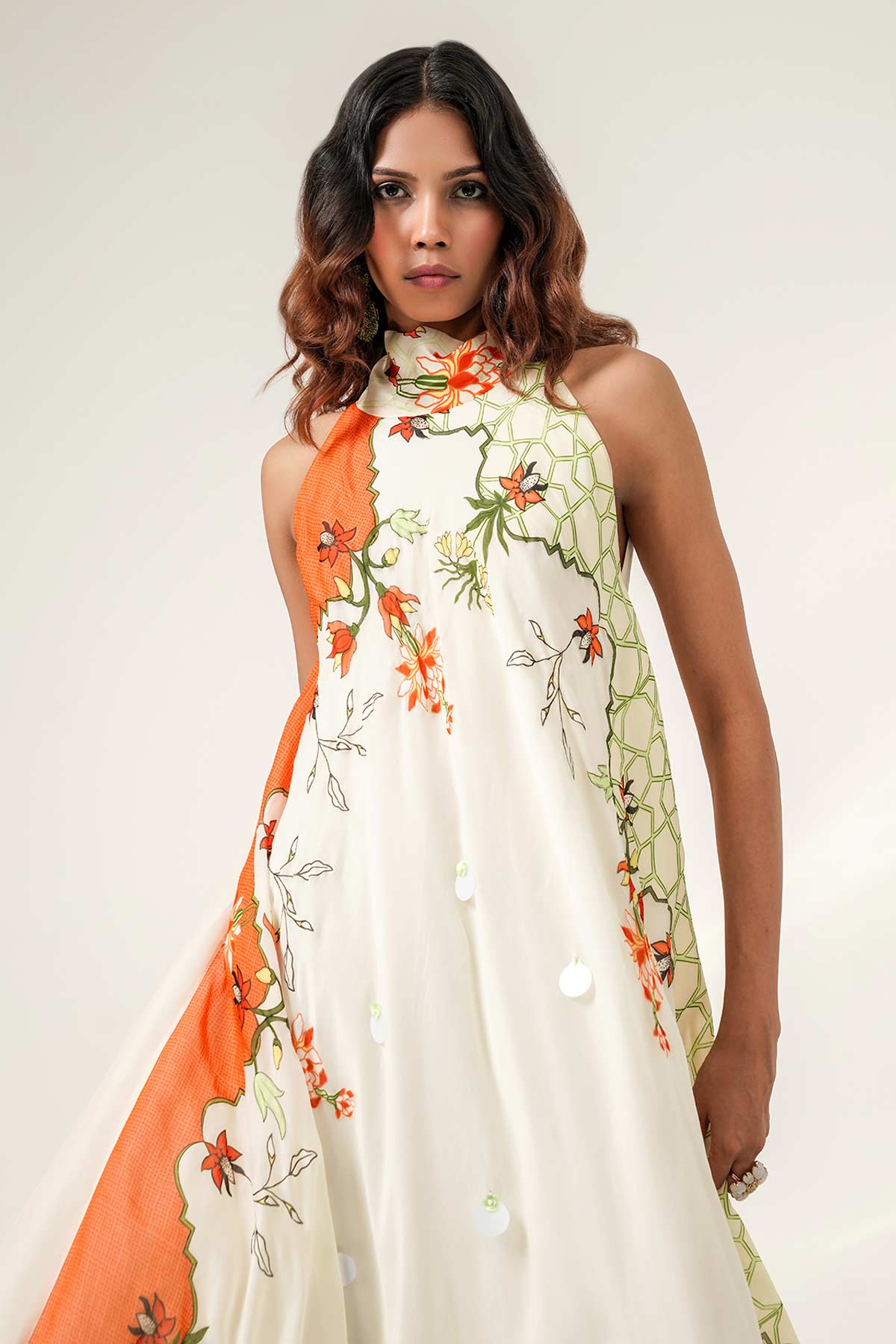 Ivory & Tangerine Crepe Dress