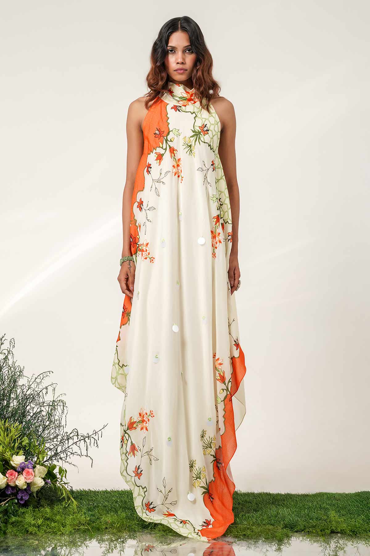 Buy Ivory & Tangerine Crepe Dress for women by Shwetanga online available at scrollnshops