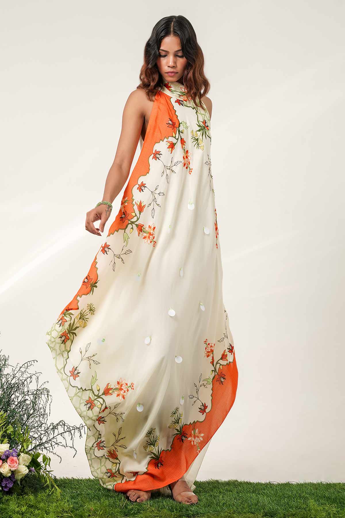 Ivory & Tangerine Crepe Dress