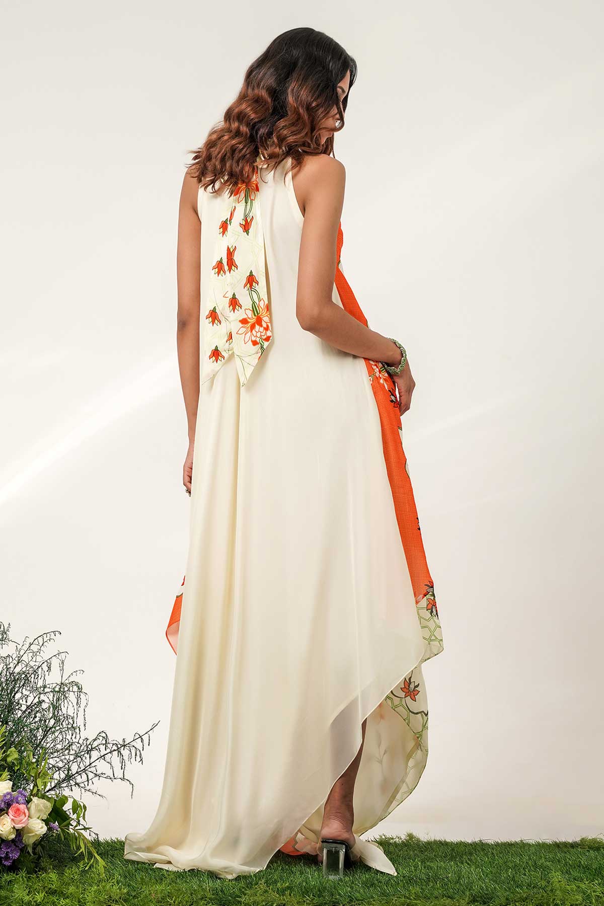 Ivory & Tangerine Crepe Dress