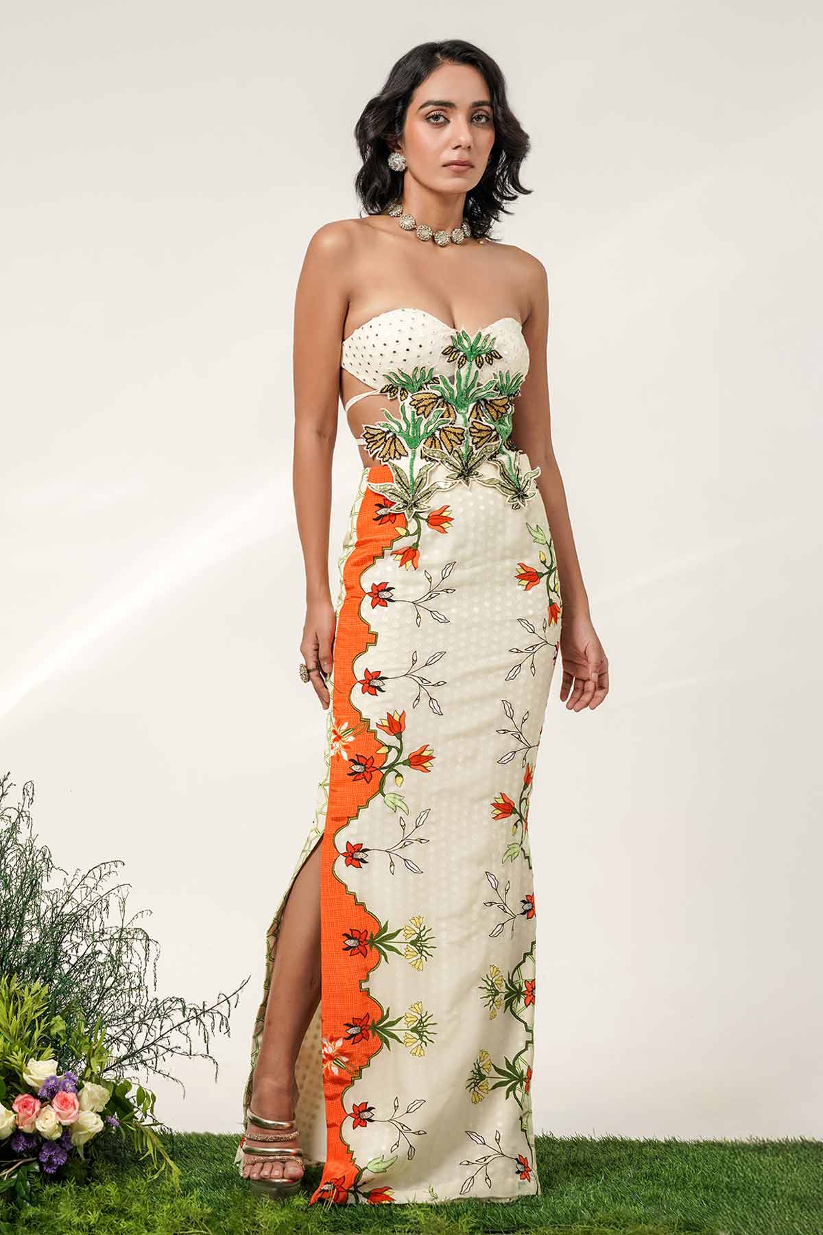 Buy Ivory & Tangerine Floral Gown for women by Shwetanga online available at scrollnshops