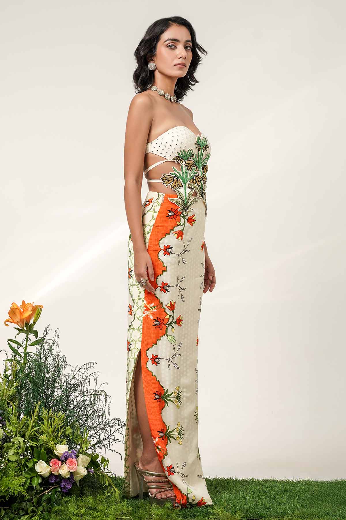 Ivory & Tangerine Floral Gown