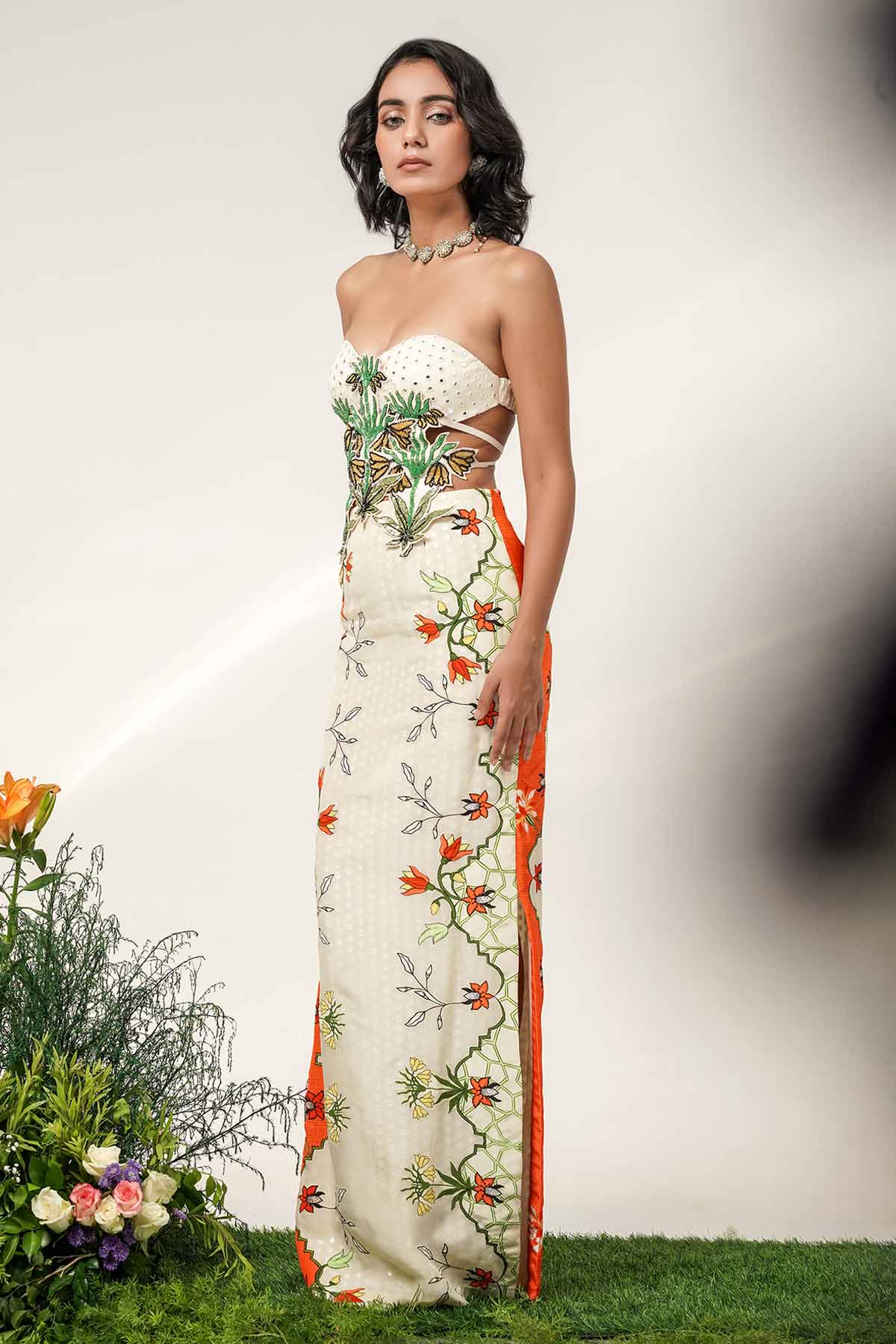 Ivory & Tangerine Floral Gown