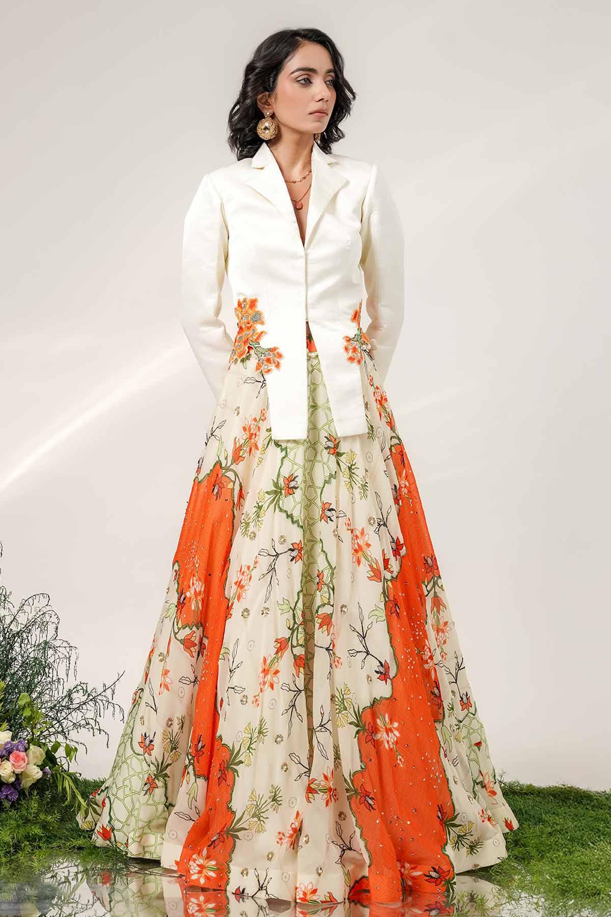Buy Ivory Tangerine Floral Lehenga for women by Shwetanga online available at scrollnshops