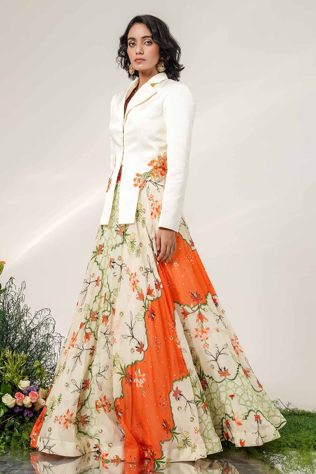 Ivory Tangerine Floral Lehenga