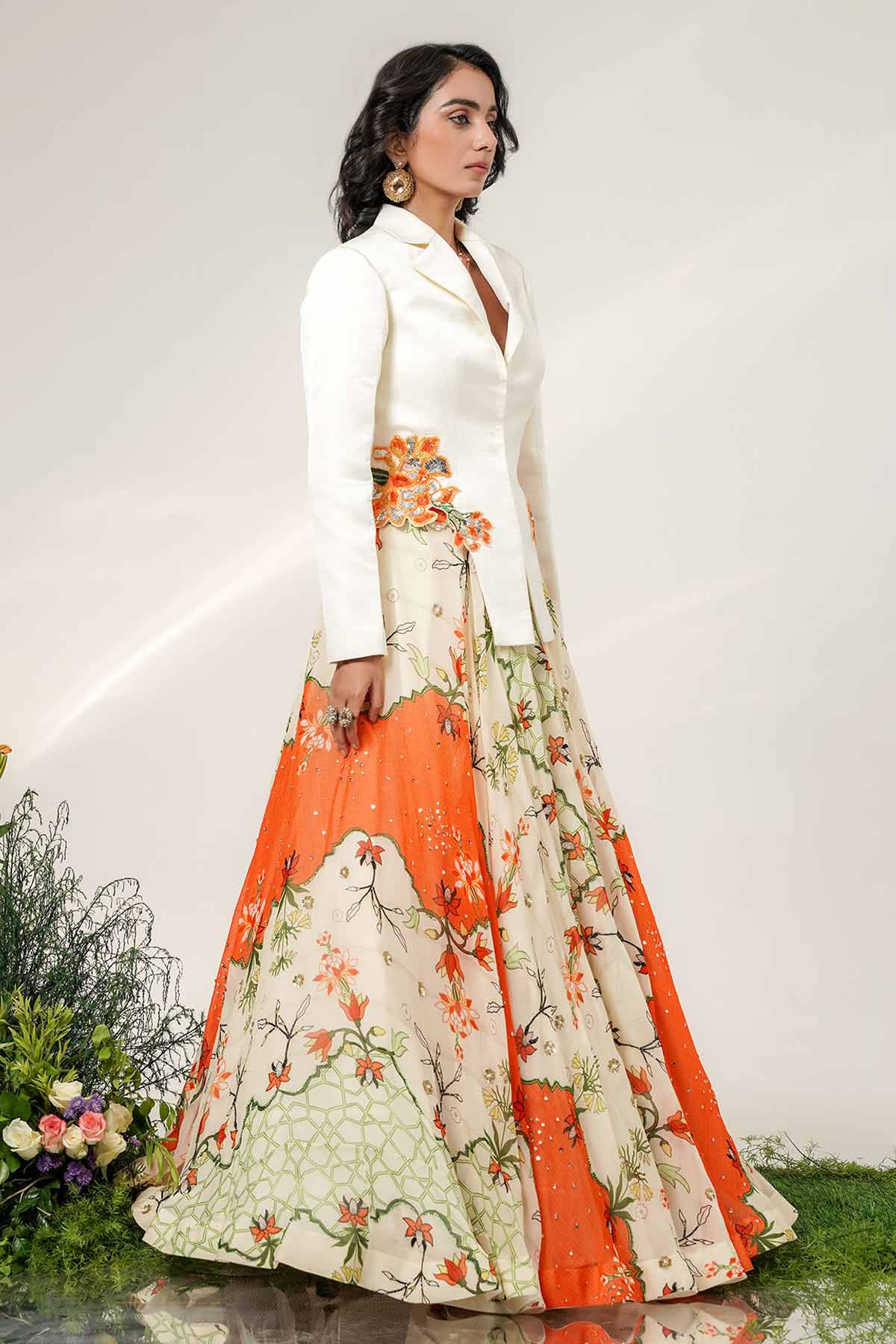 Ivory Tangerine Floral Lehenga