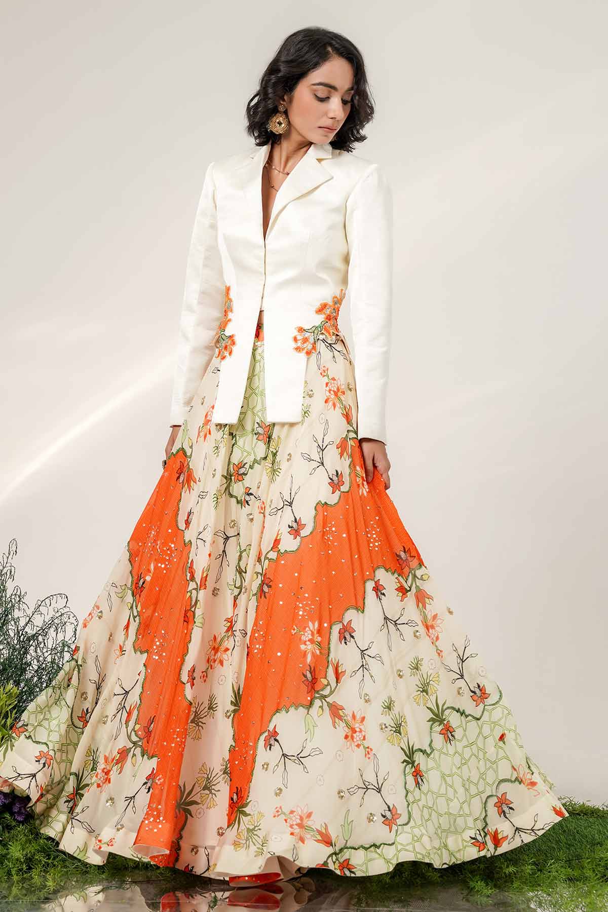 Ivory Tangerine Floral Lehenga